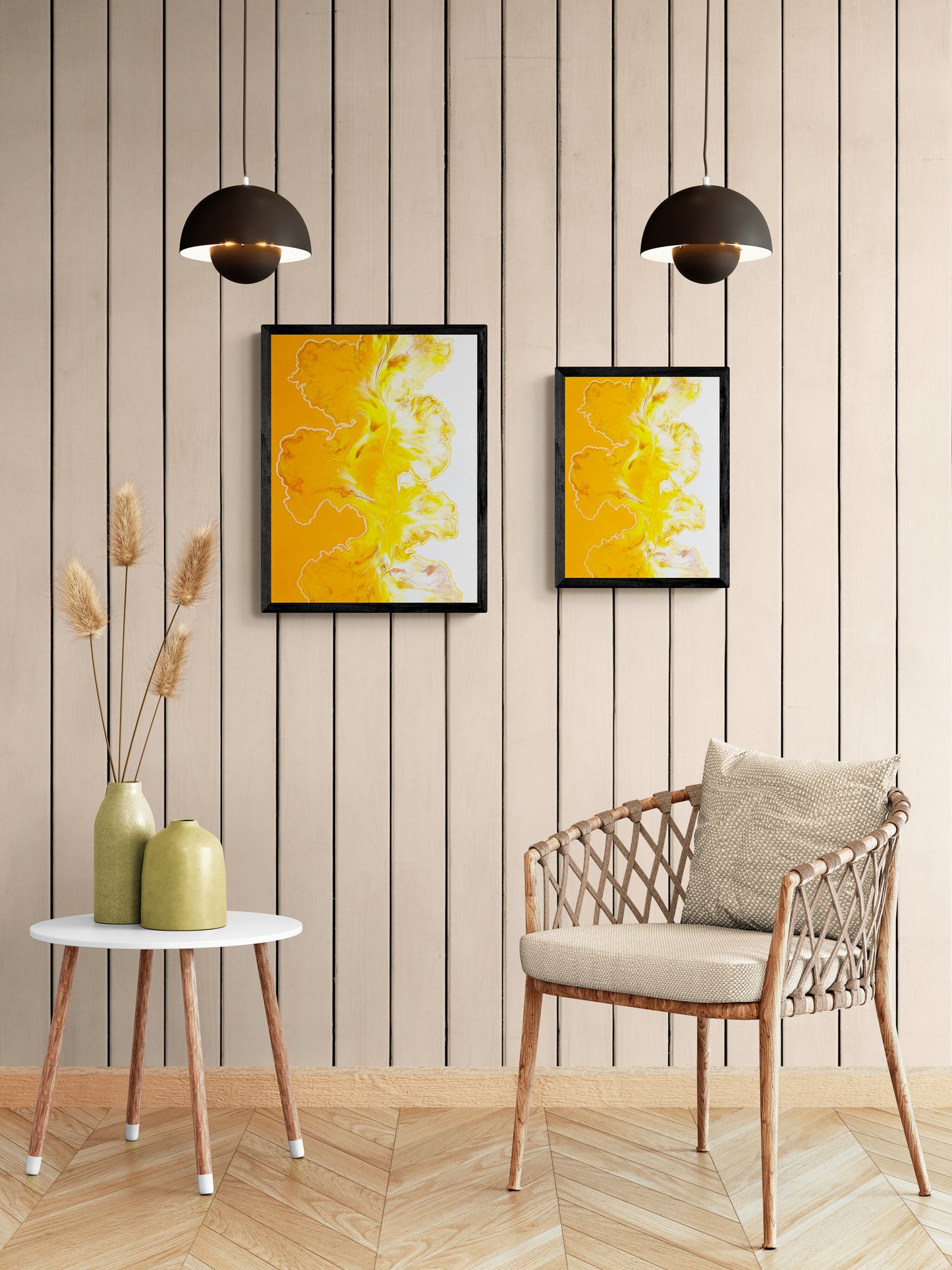 Pair of framed abstract paintings from the "Walk the Line" series in radiant yellow hues, displayed on a wood-panel wall above a cozy chair and side table decor.