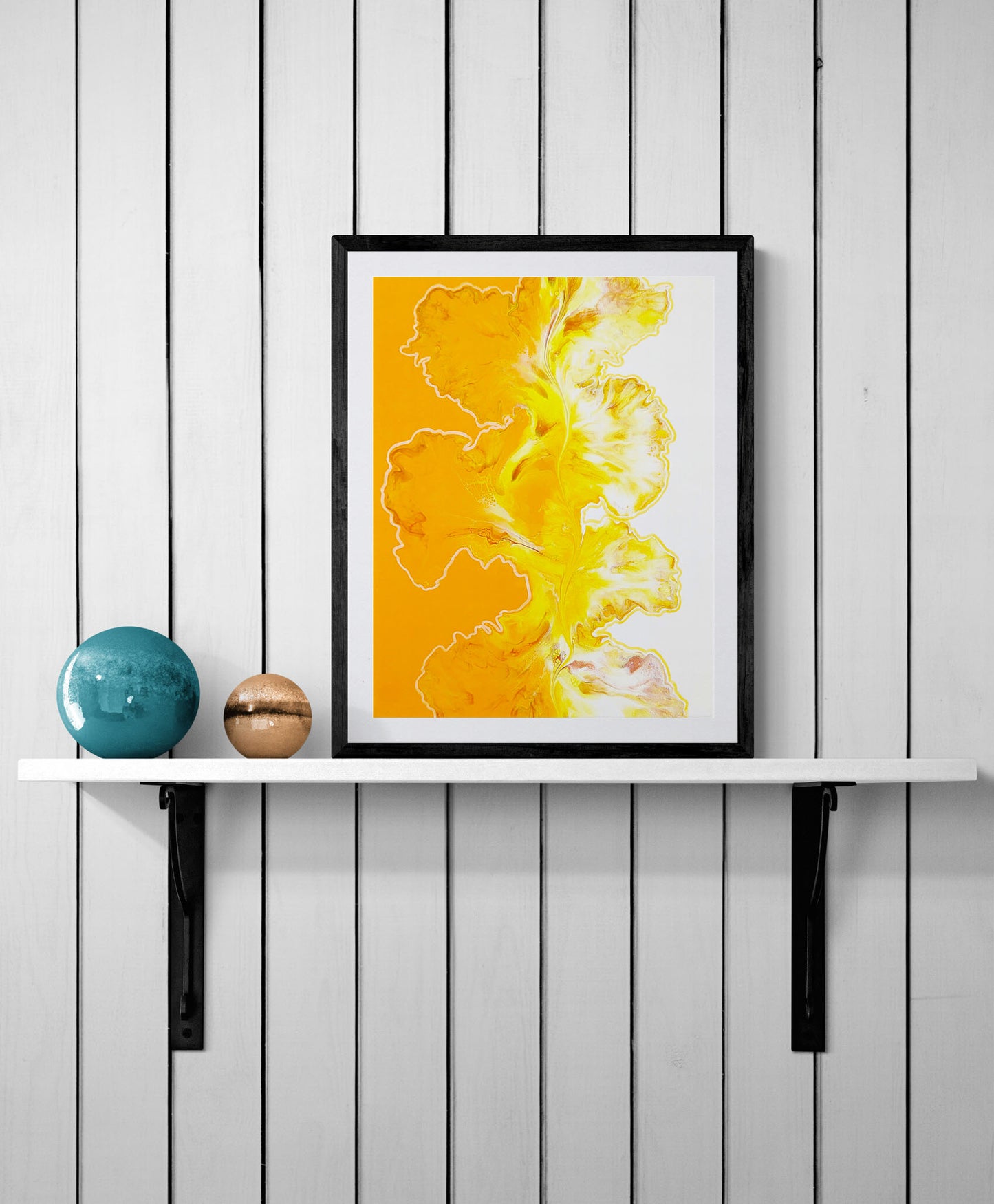 Framed abstract painting "Walk the Line," highlighting bright yellow and orange fluid patterns, styled on a white shiplap wall above a decorative shelf with ceramic vases.