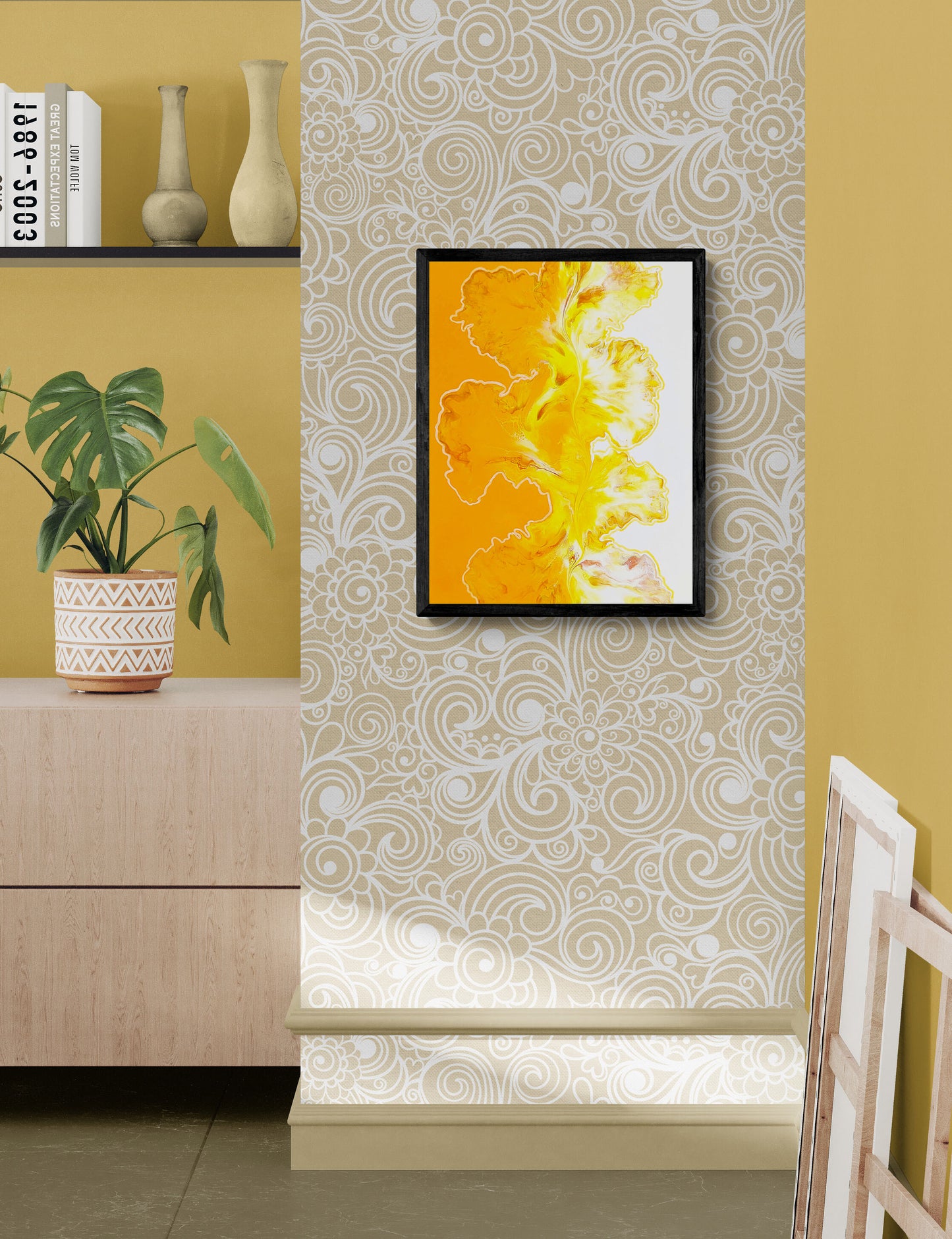 Abstract acrylic fluid art painting titled "Walk the Line," featuring bold yellow tones flowing across a white canvas, framed and displayed on patterned wallpaper in a modern home interior.