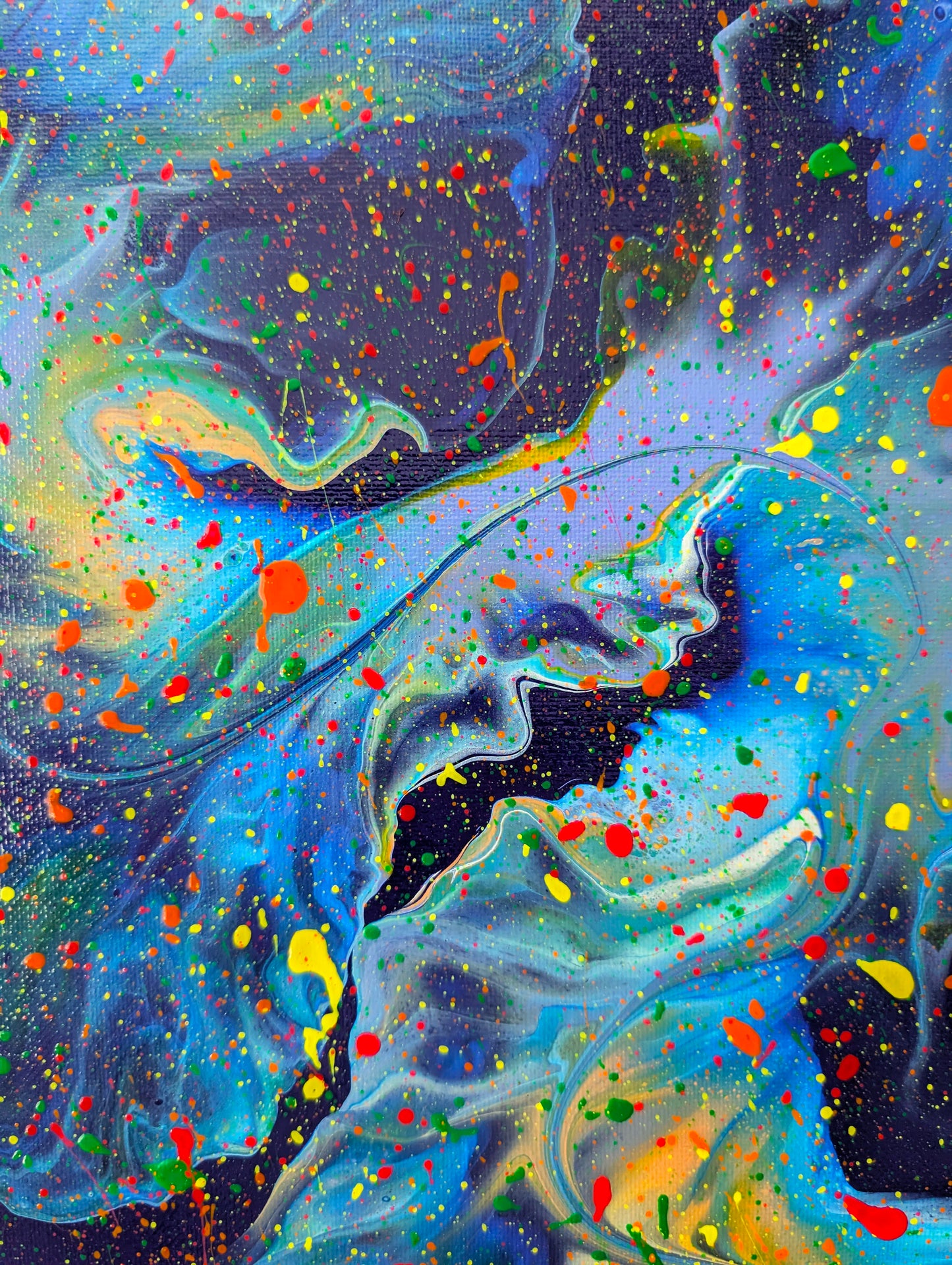 Detailed view of the central section of the painting, capturing vibrant blue and purple marbling with neon splatters in red, yellow, and green.