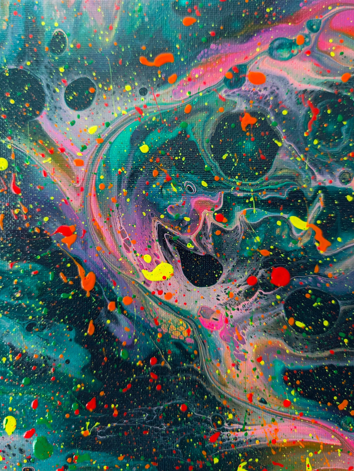 Close-up of the top left corner of the painting, highlighting swirling neon pink ribbons with yellow and orange splatters over dark green cells.