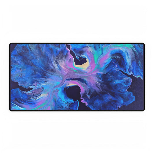 custom desk mat with acrylic fluid art on it