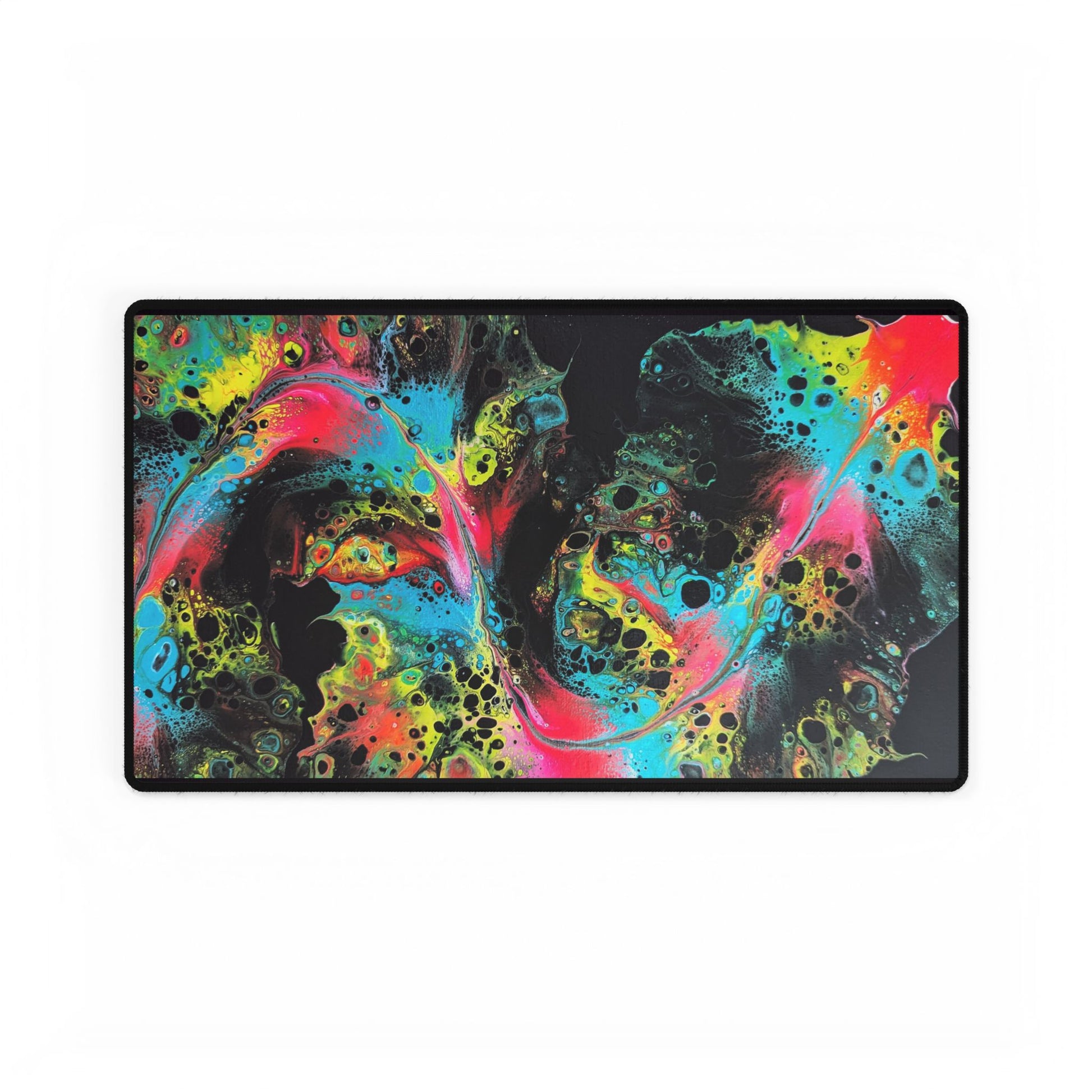 custom desk mat with acrylic fluid art on it