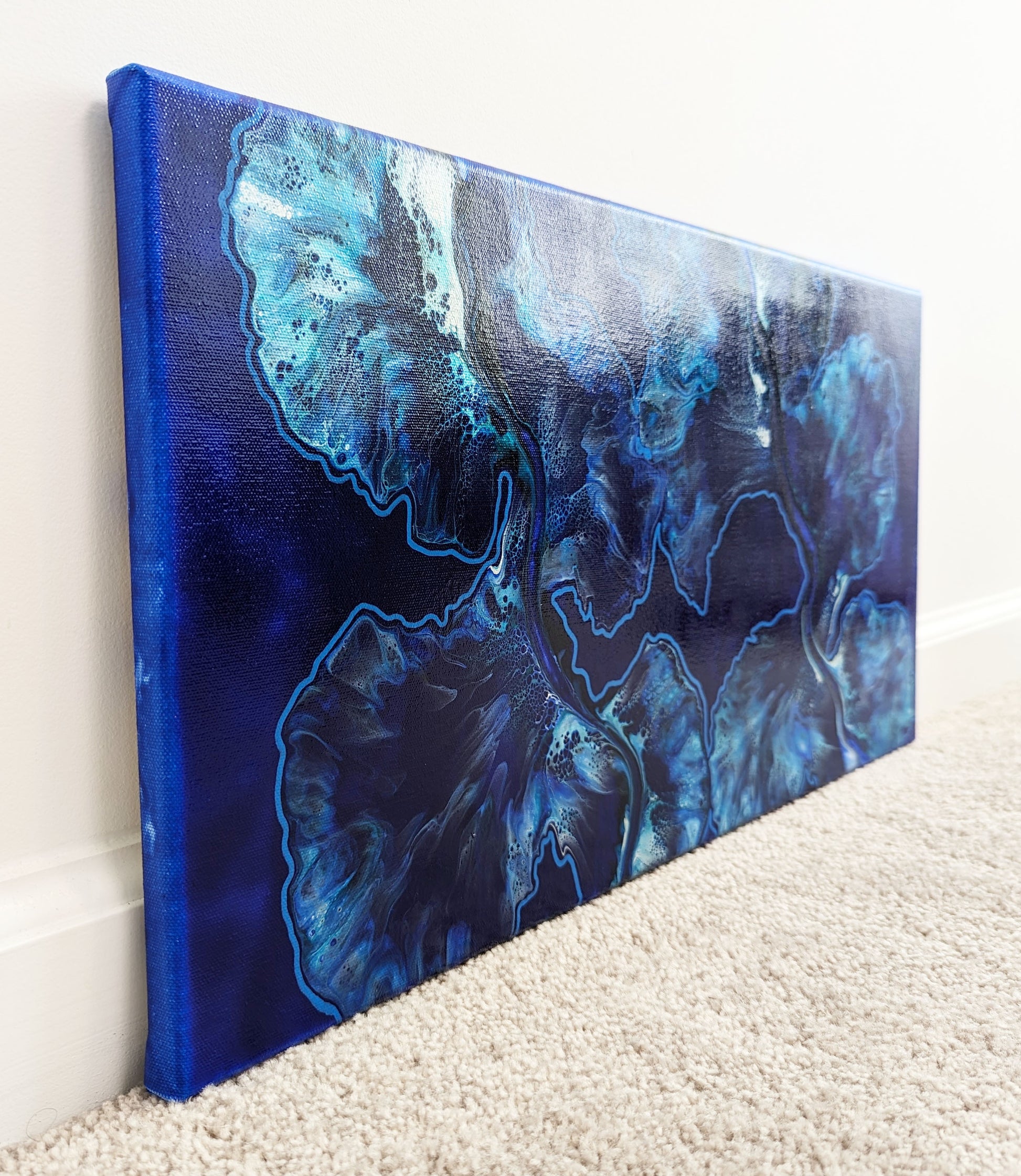 original acrylic fluid artwork named In The Deep Blue 12x24in