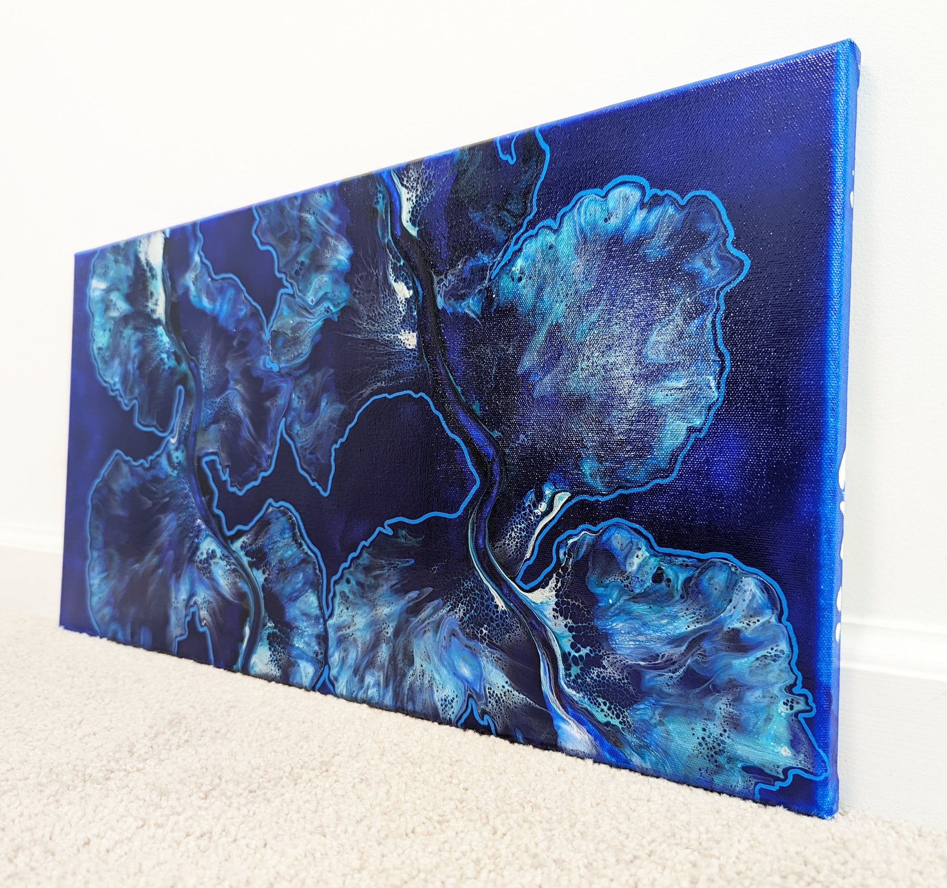 original acrylic fluid artwork named In The Deep Blue 12x24in