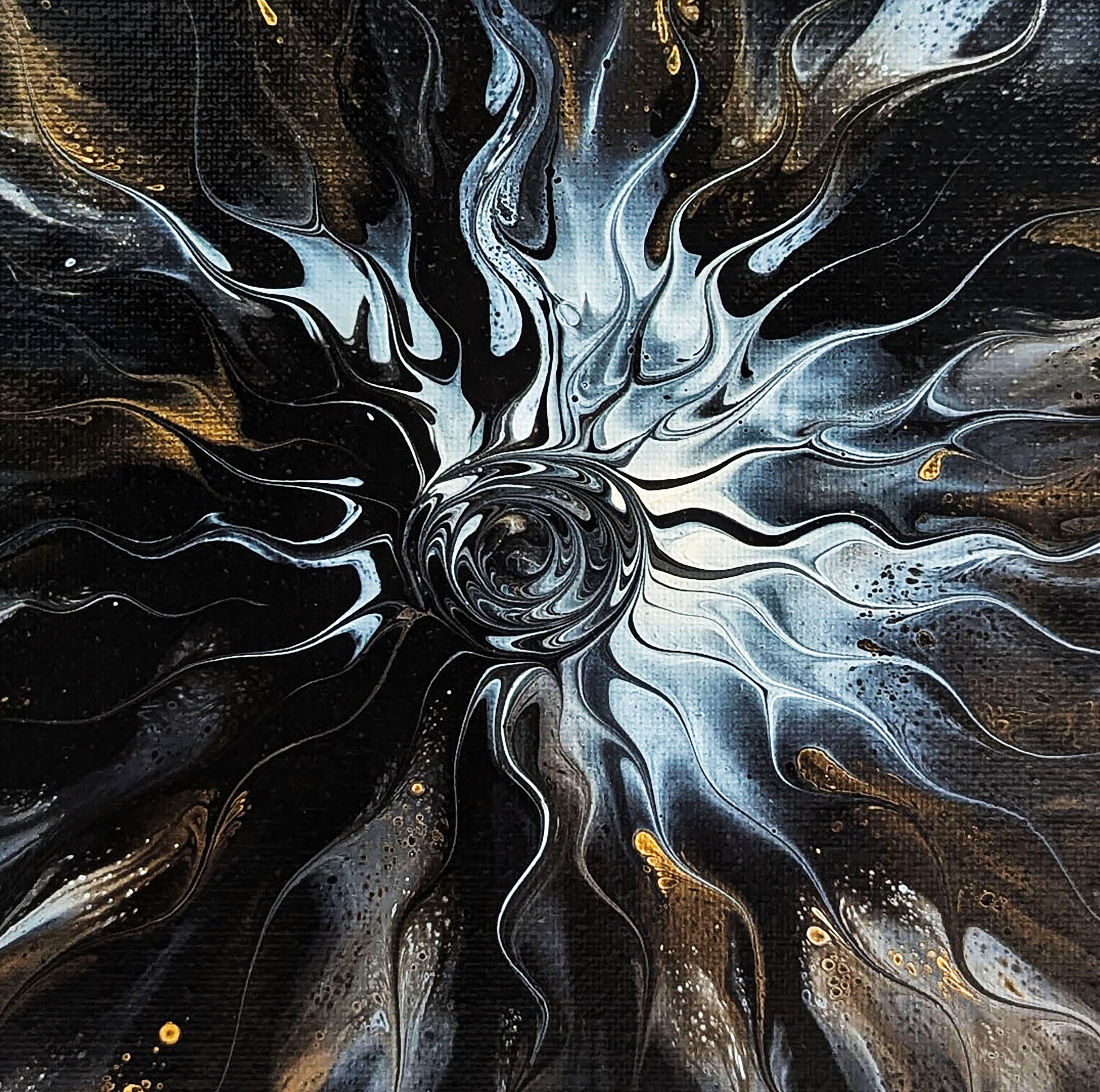 Close-up of Abby May’s abstract painting Allure, showing flowing silver, black, and gold tones spiraling from a luminous center with rich depth and texture