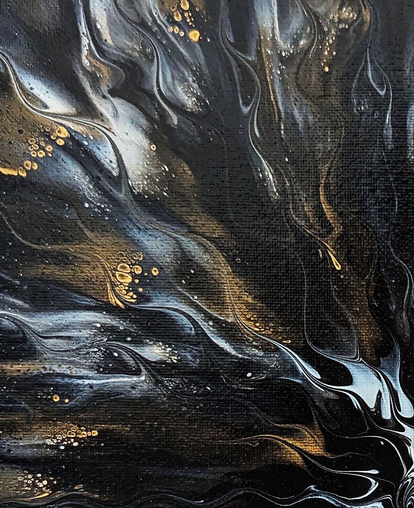 Macro detail of Allure by Abby May, featuring swirling layers of metallic gold and black that create a mesmerizing, flame-like movement