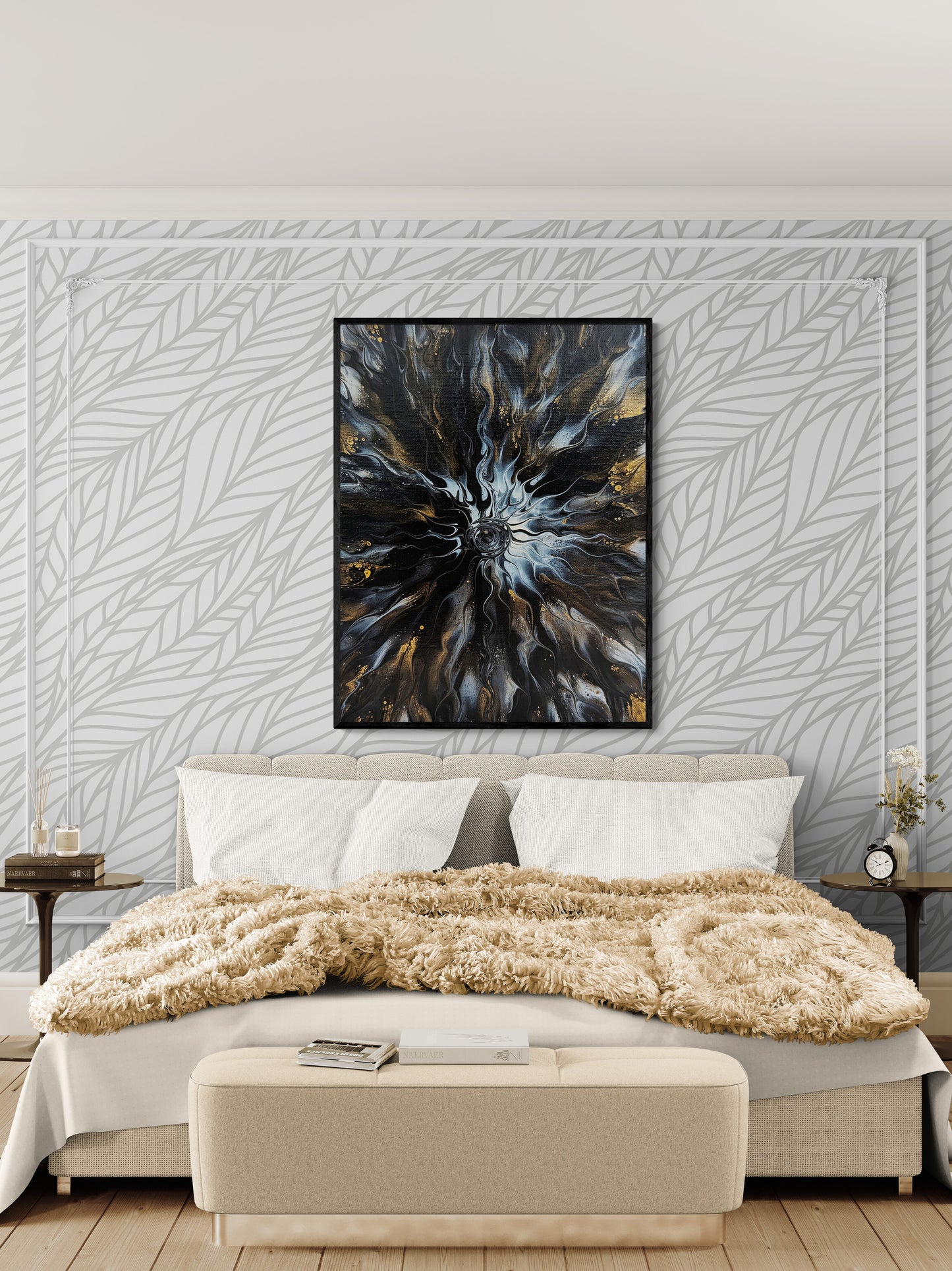 Framed Allure print by Abby May above a cream bed with layered textures and neutral décor. The artwork’s golden and gray tones add warmth and serenity to the bedroom