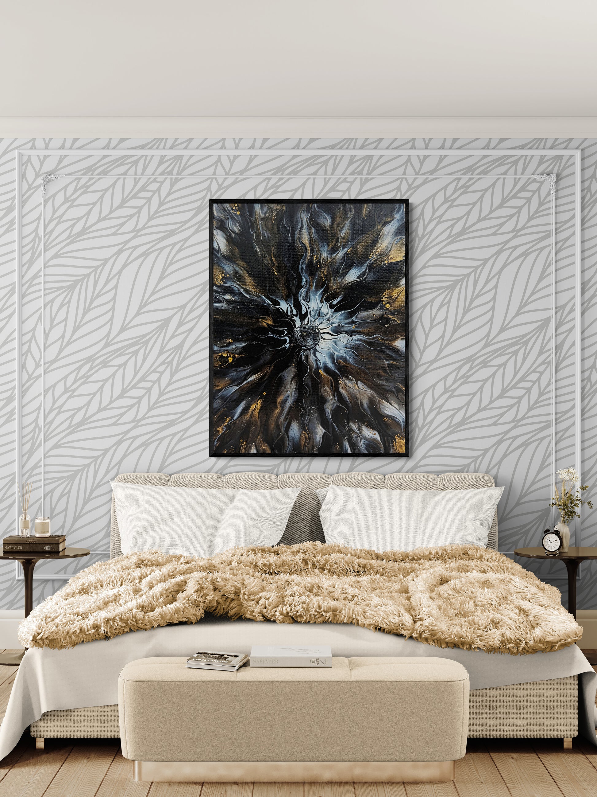 Framed Allure print by Abby May above a cream bed with layered textures and neutral décor. The artwork’s golden and gray tones add warmth and serenity to the bedroom