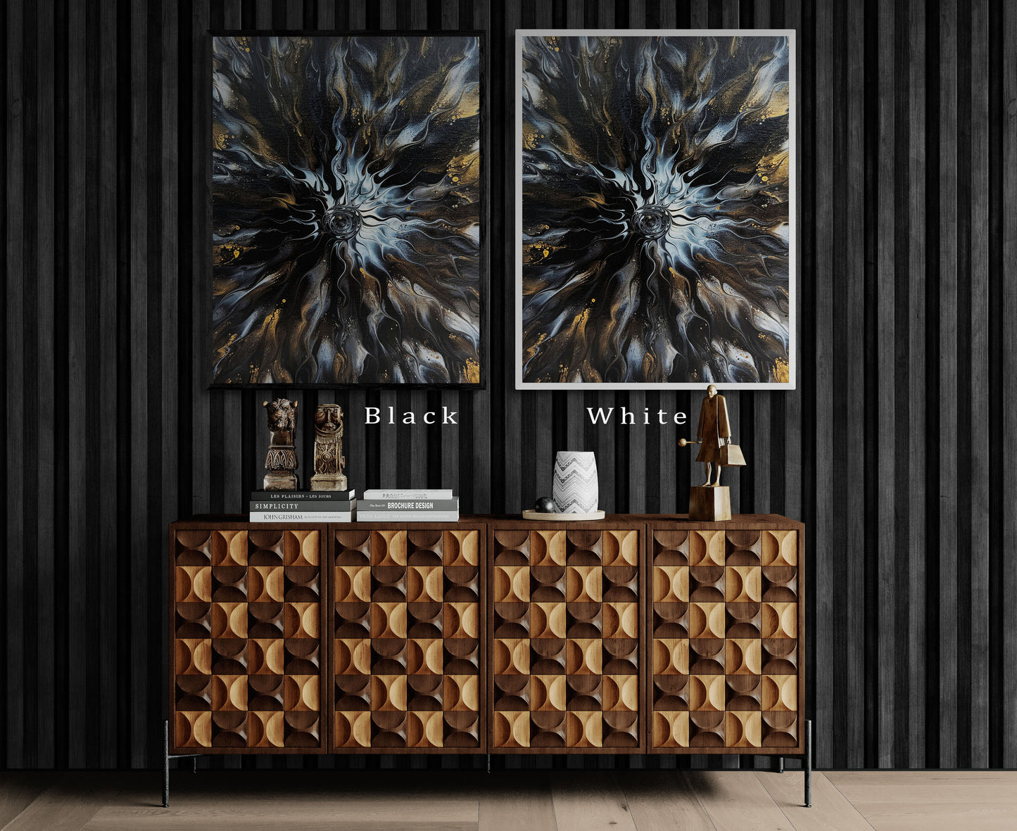 Side-by-side Allure prints by Abby May framed in black and white. The metallic gold and smoky silver tones glow against the dark paneled wall and sculptural wood console.