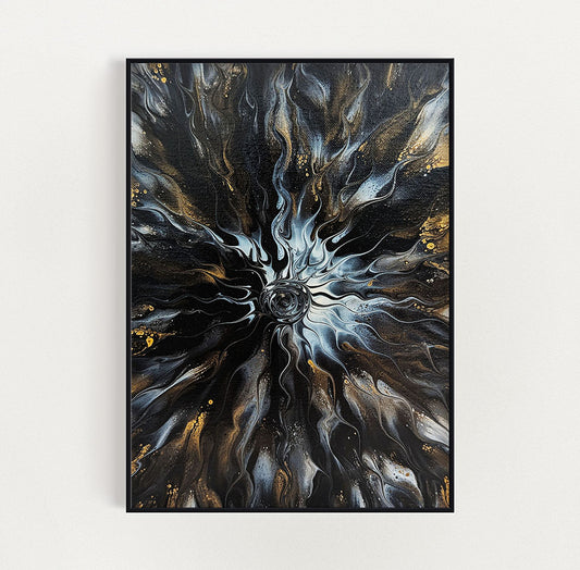 Full framed view of Allure, an abstract fluid painting by Abby May featuring metallic gold, black, and silver streams radiating outward like light in motion
