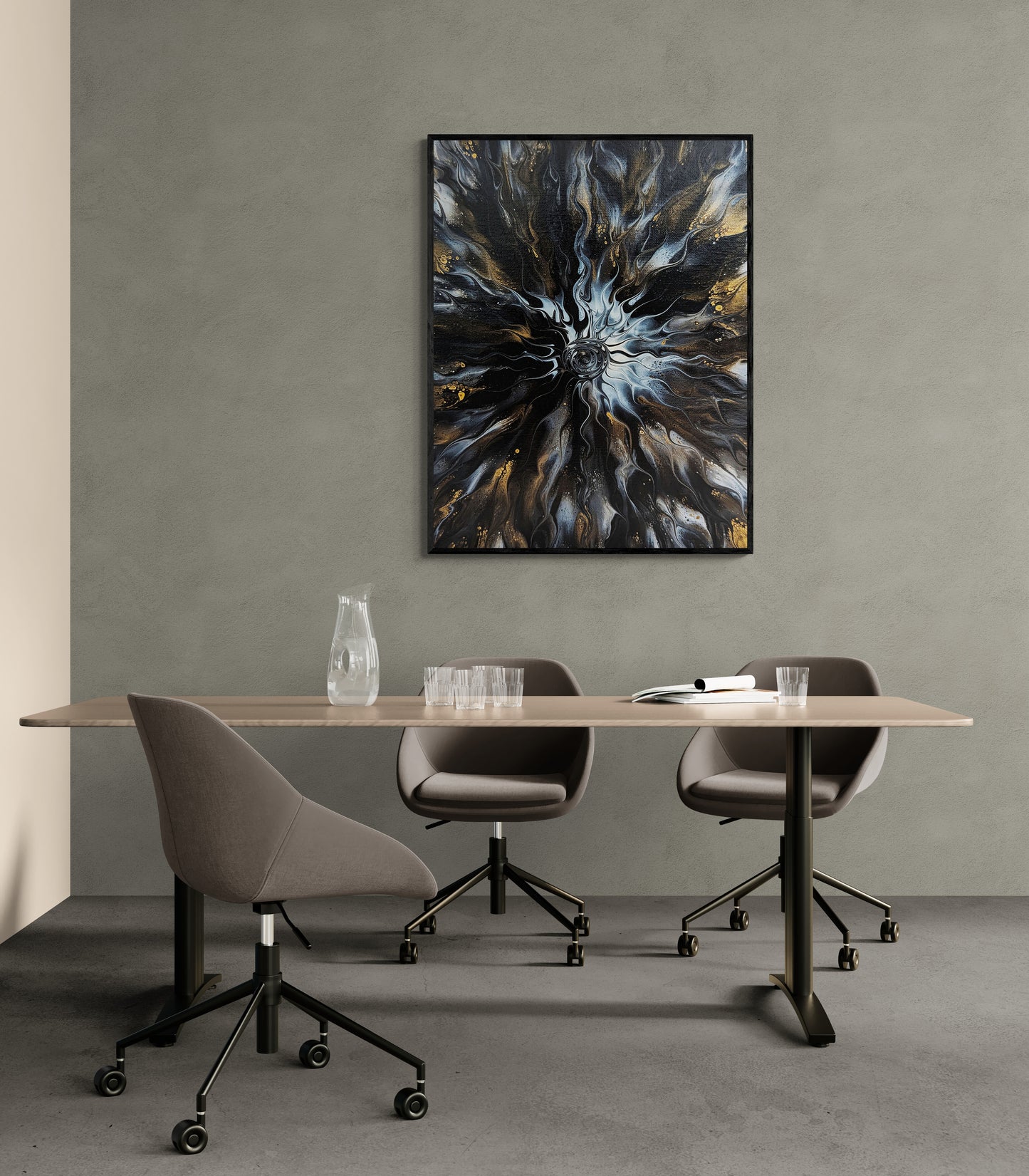 Abby May’s Allure displayed in a modern office with taupe walls and sleek furnishings. The gold and silver fluid patterns bring sophistication and calm energy to the space