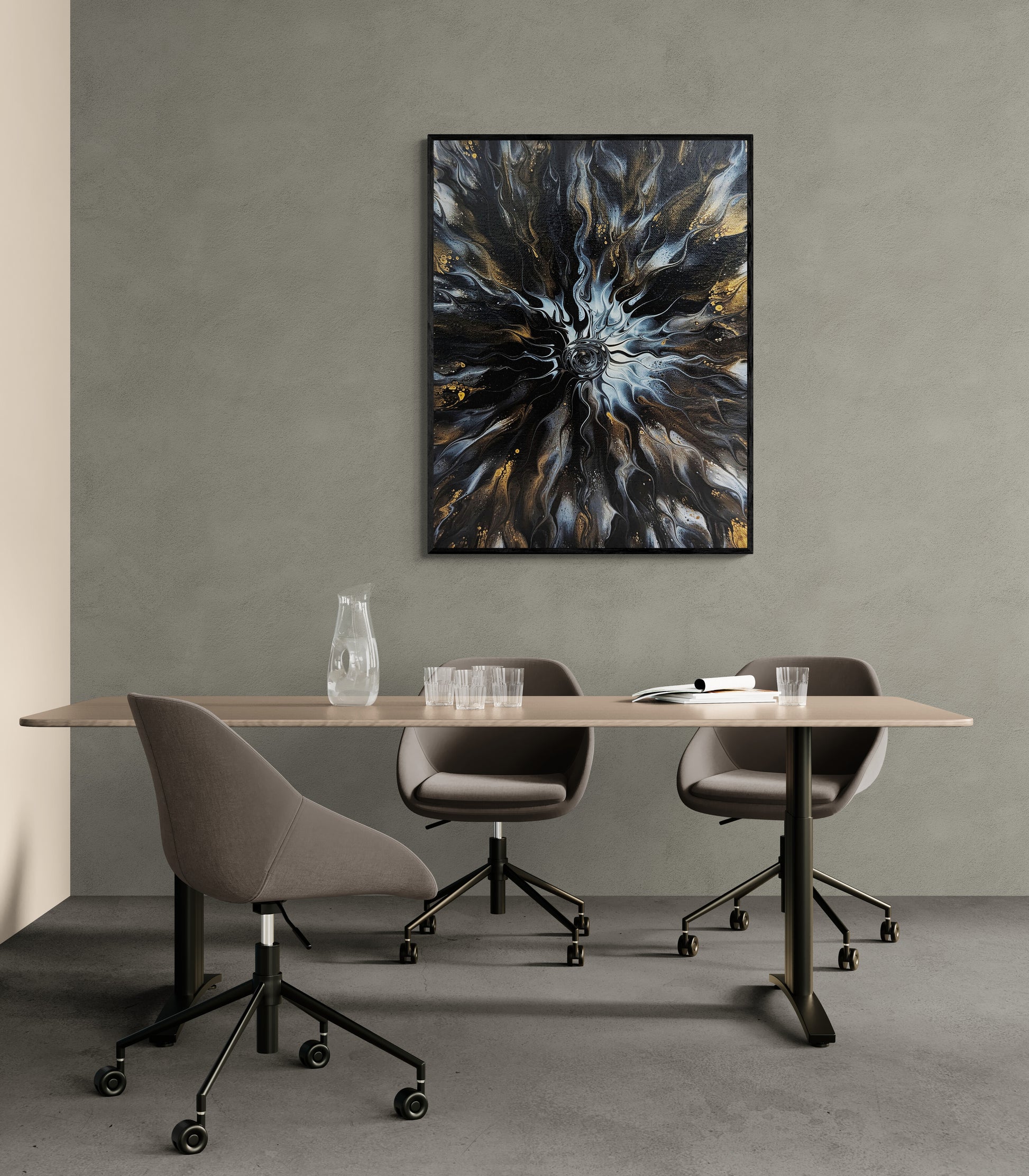 Abby May’s Allure displayed in a modern office with taupe walls and sleek furnishings. The gold and silver fluid patterns bring sophistication and calm energy to the space