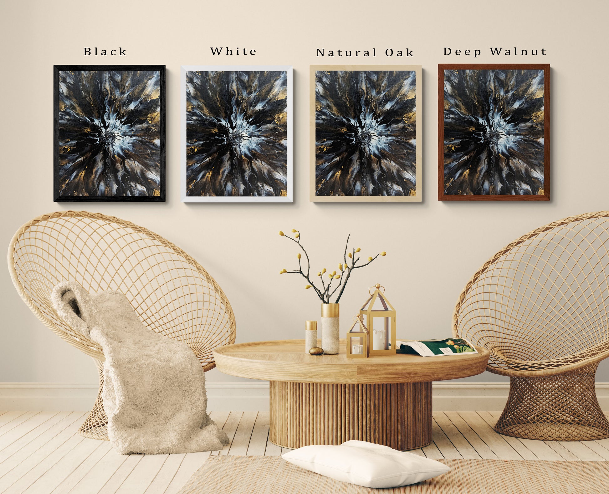 Abstract fluid art prints shown in four frame colors—black, white, natural oak, and deep walnut—displayed above a cozy seating area with wicker chairs and a round wood table.