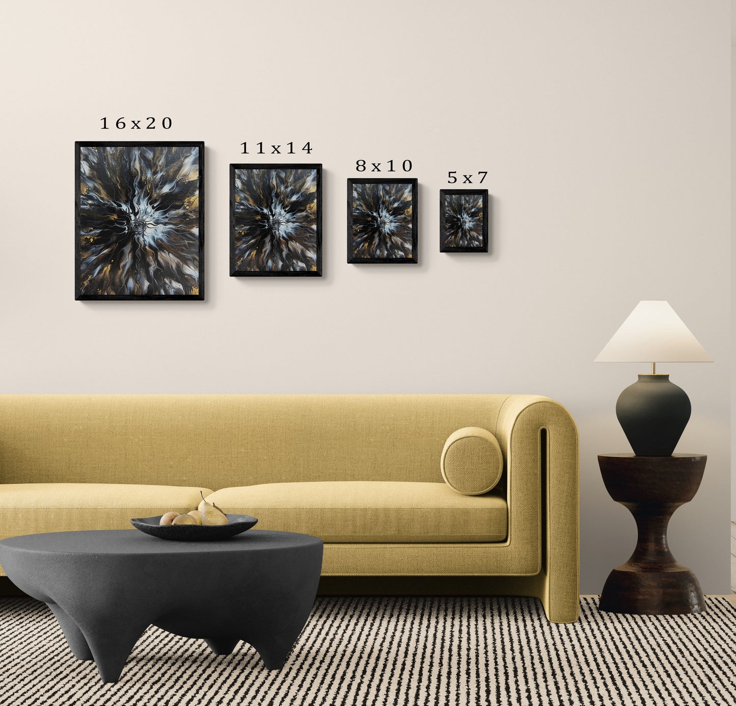 Abstract fluid art prints in black frames shown in four sizes—16x20, 11x14, 8x10, and 5x7—displayed above a yellow sofa with a black coffee table and modern lamp