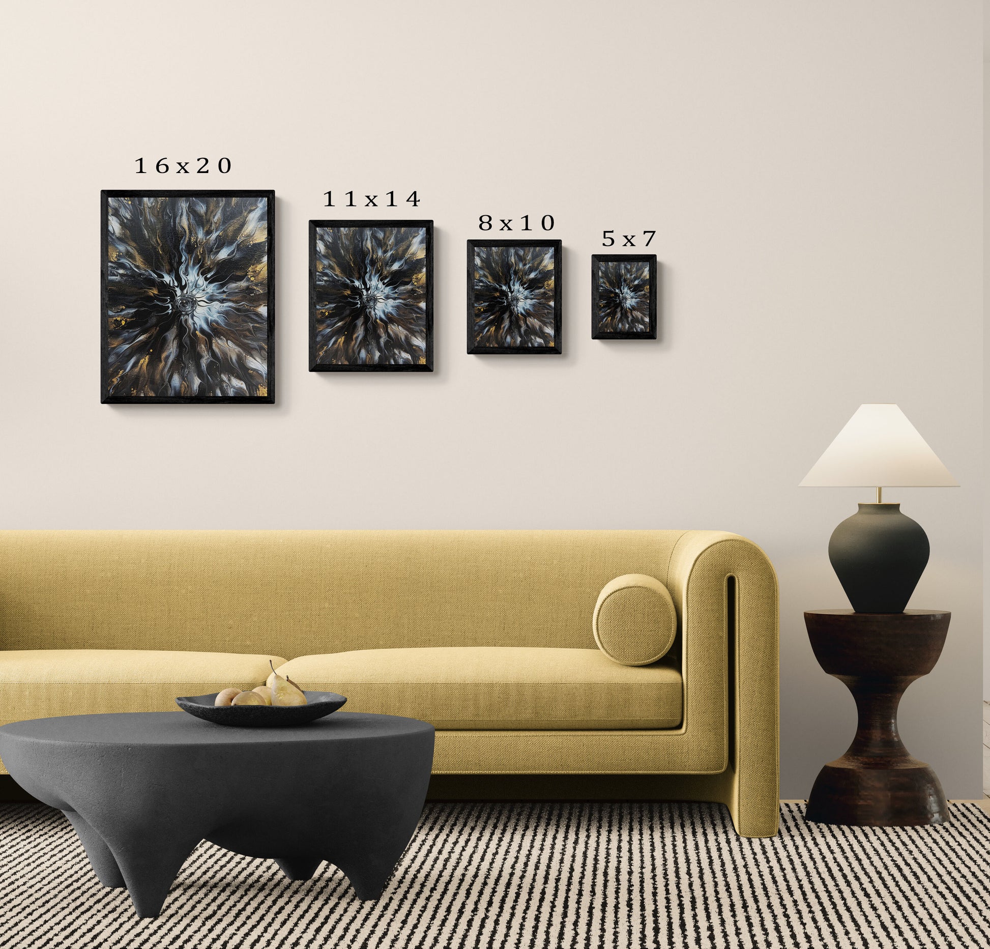 Abstract fluid art prints in black frames shown in four sizes—16x20, 11x14, 8x10, and 5x7—displayed above a yellow sofa with a black coffee table and modern lamp