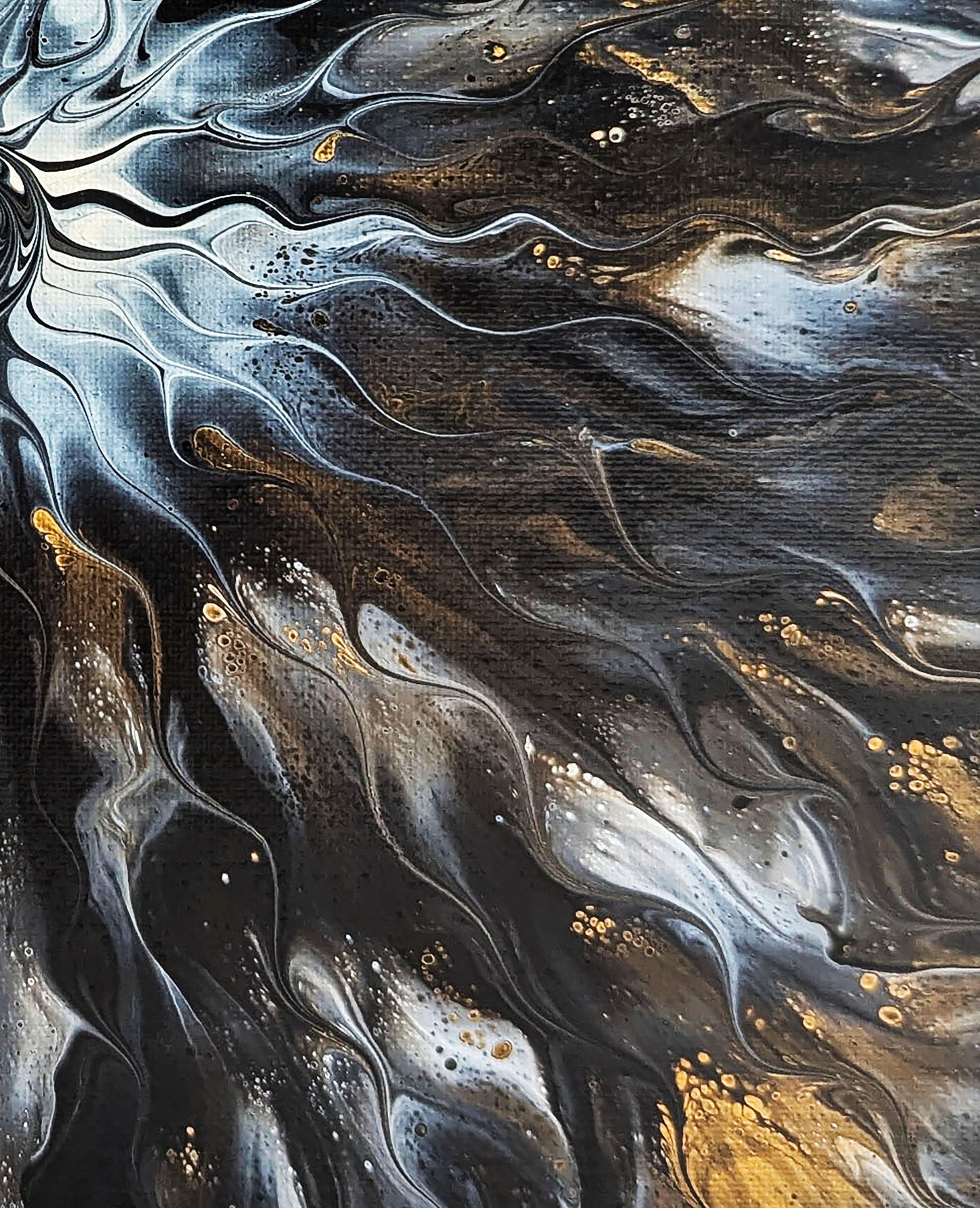 Detail view of Abby May’s Allure, showcasing the smooth gradient of metallic gold and charcoal tones blending seamlessly into fluid, organic patterns.