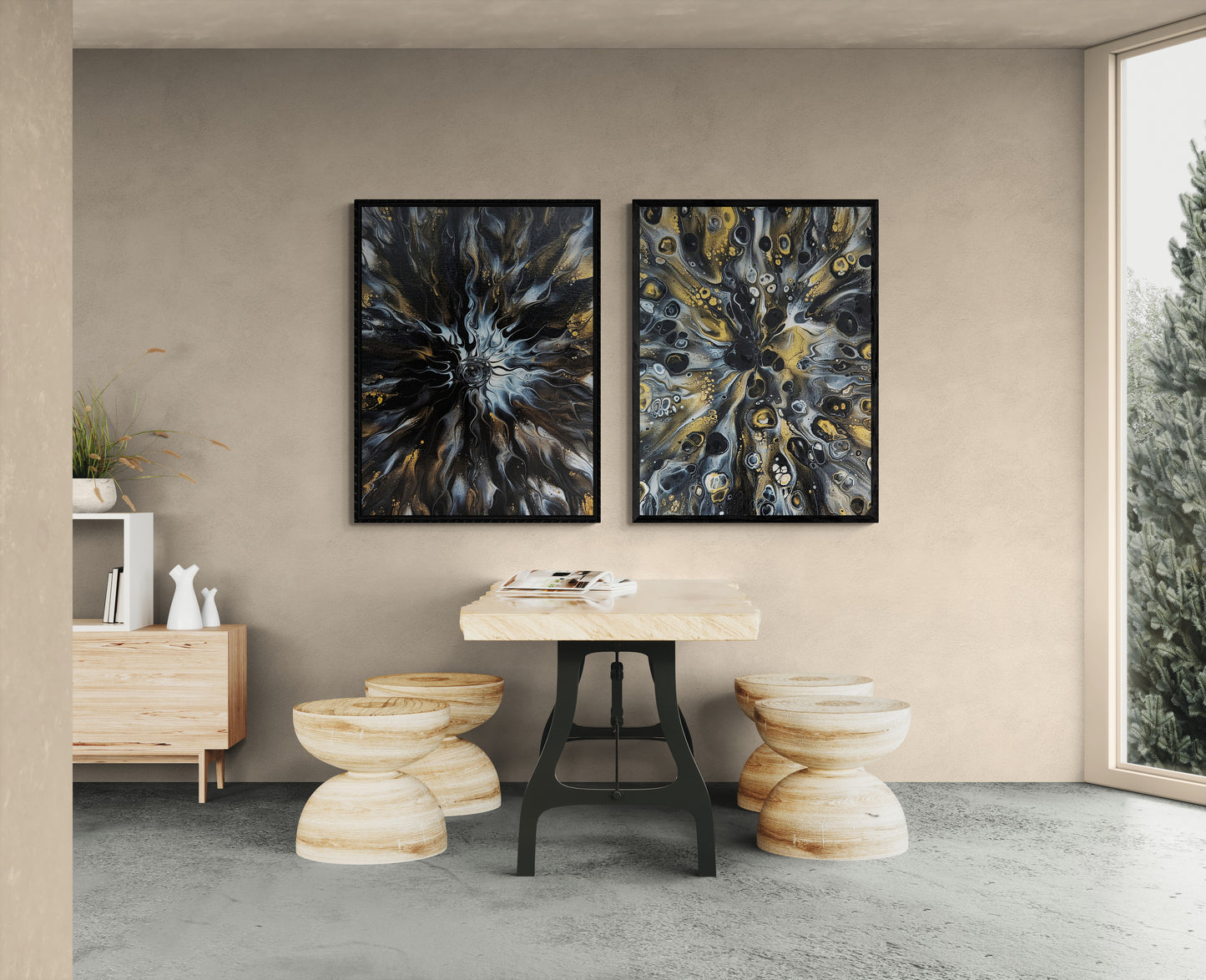 Side-by-side framed prints of Abby May’s Allure and Glamorous paintings in a contemporary dining area with natural wood furniture and sculptural stools. The pair’s dark and metallic tones create a striking modern statement.