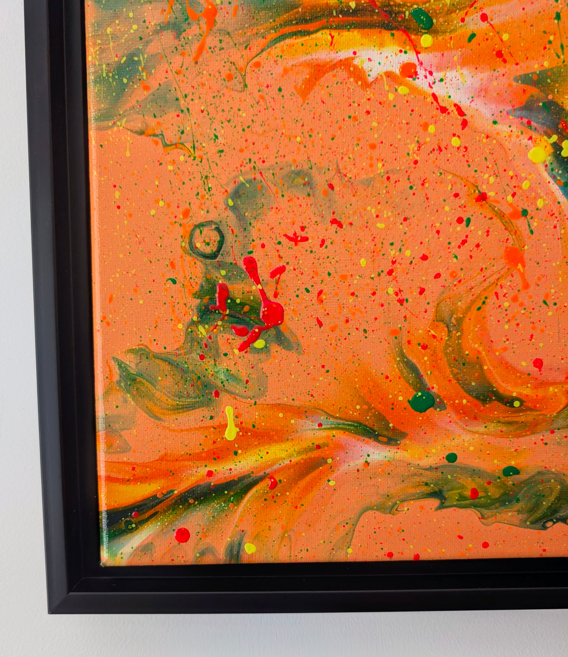 Detailed section of 'Are You Really Going Out in That?' featuring layered green, red, and yellow splashes over intense orange, capturing the fluid texture and movement of the piece.