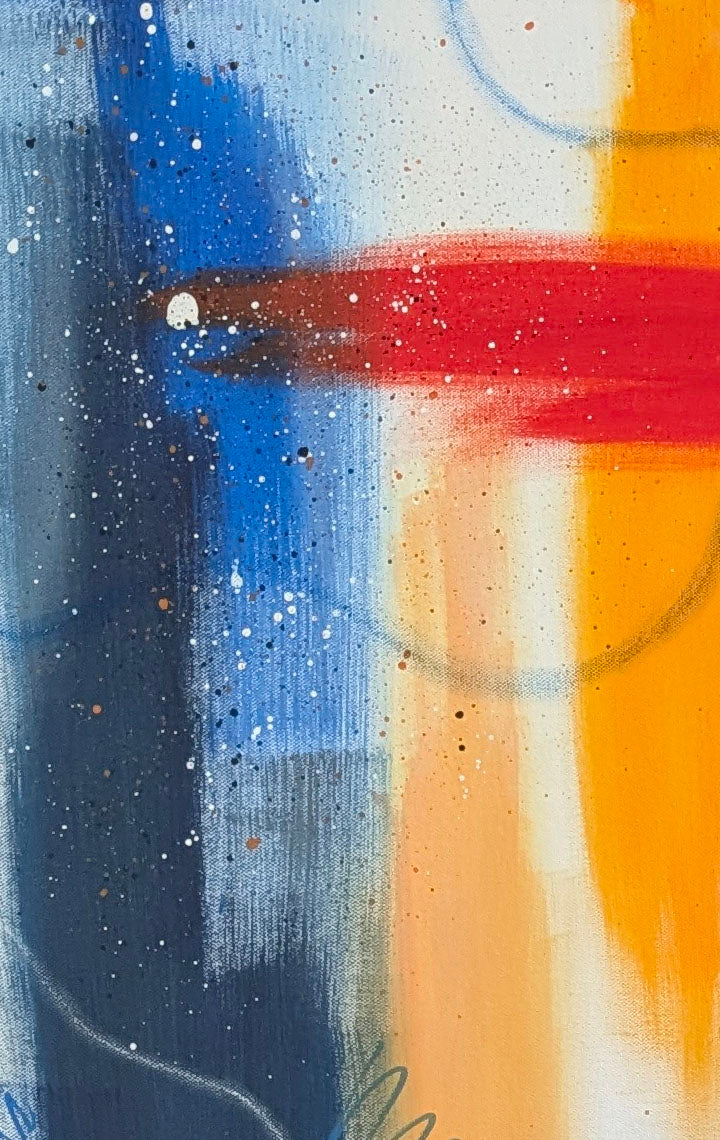 Close-up detail of Be Bold abstract painting by Abby May showing layered blue textures, white splatter, and a bold red horizontal brushstroke