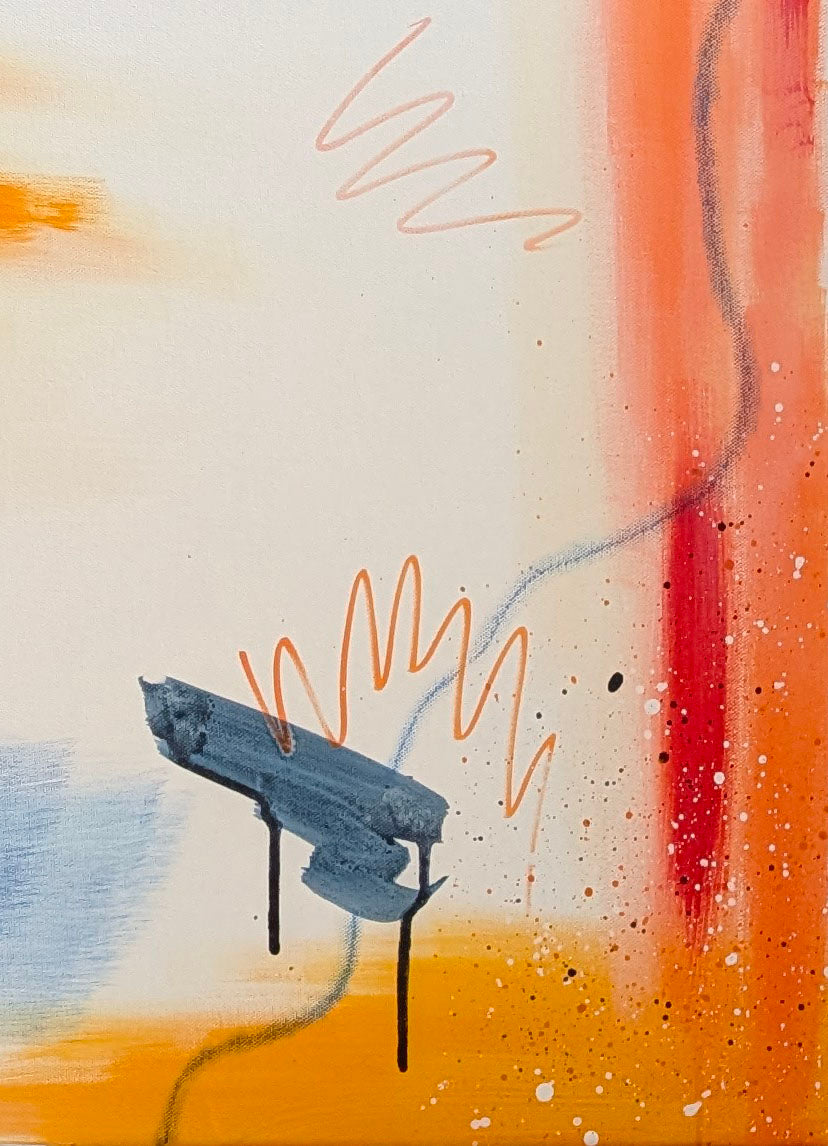 Detail view of Be Bold by Abby May featuring expressive gray marks, orange accents, and subtle drips in an abstract acrylic composition