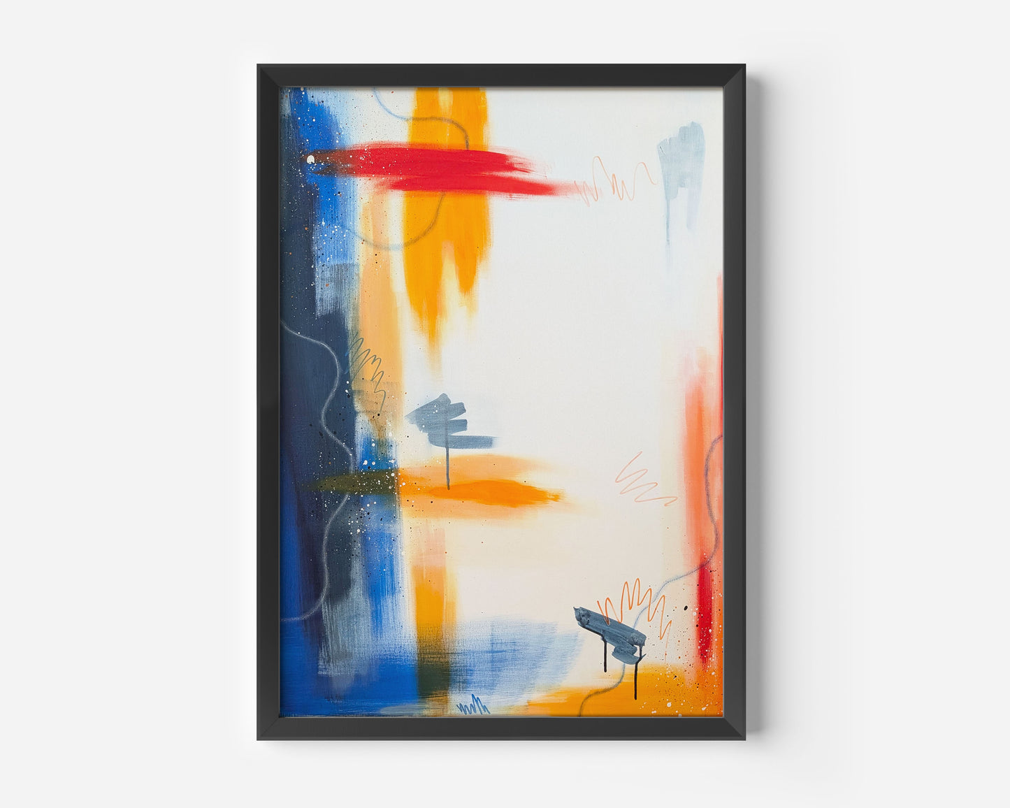 Be Bold by Abby May, framed original abstract acrylic painting with bold red, blue, and yellow tones on a light background