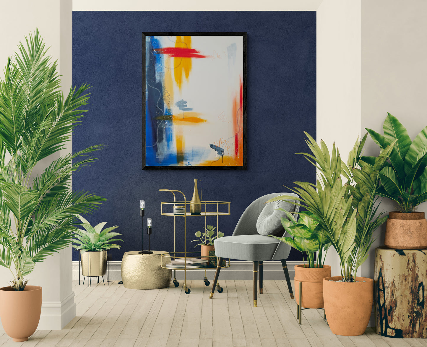 Be Bold, an original abstract acrylic painting by Abby May, framed on a deep blue accent wall surrounded by lush green plants and modern decor