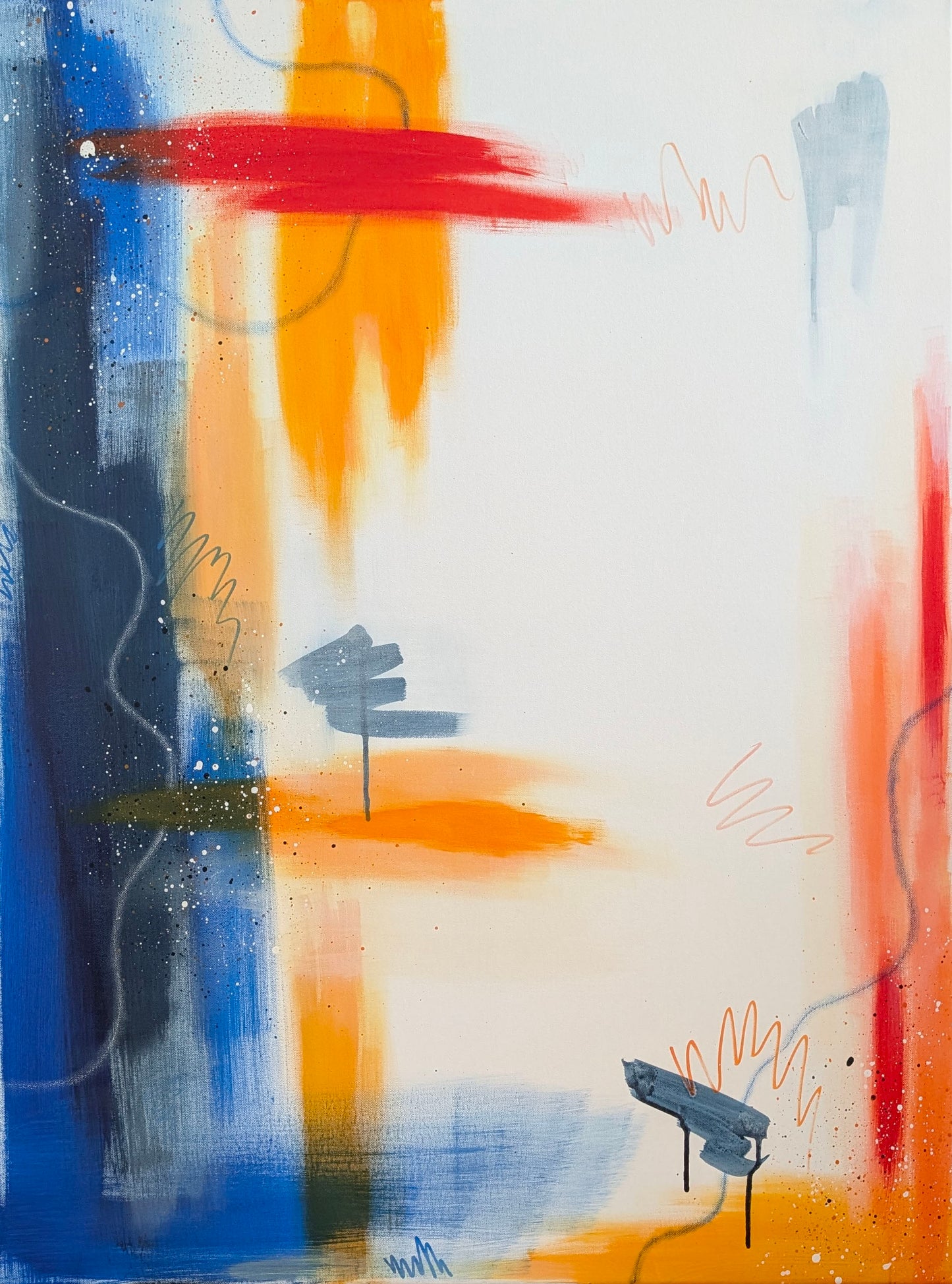 Be Bold, an original abstract acrylic painting by Abby May with layered blue, yellow, orange, and red marks on a soft neutral background