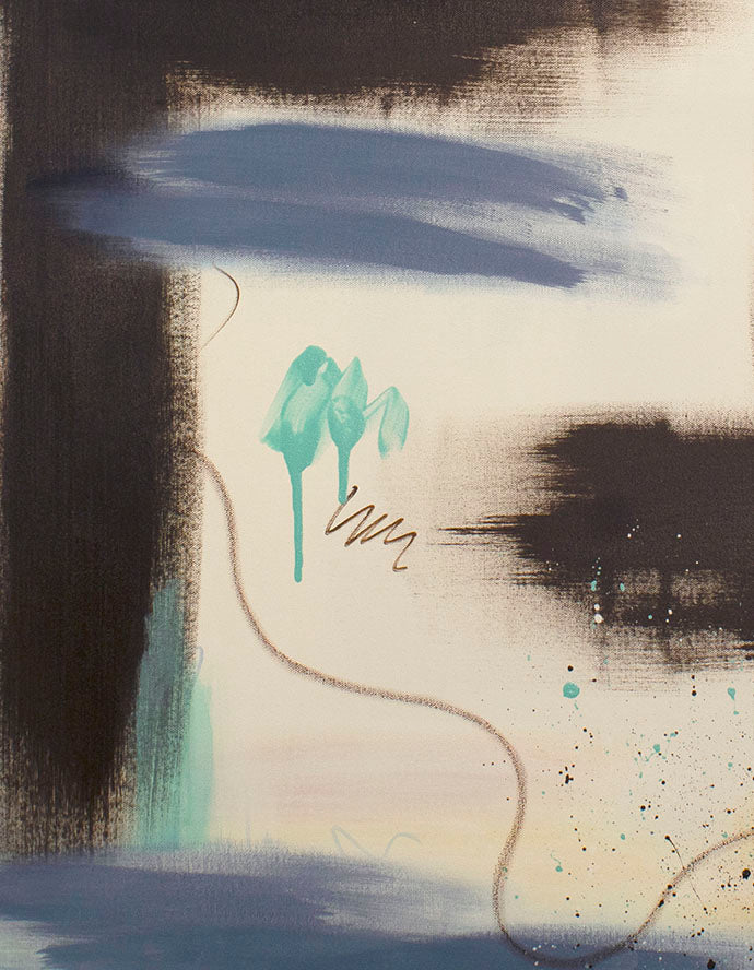 Close-up detail of "Between the Layers" abstract painting, showing the creamy texture of sweeping oil pastel lines and fine acrylic pen marks layered over raw umber.