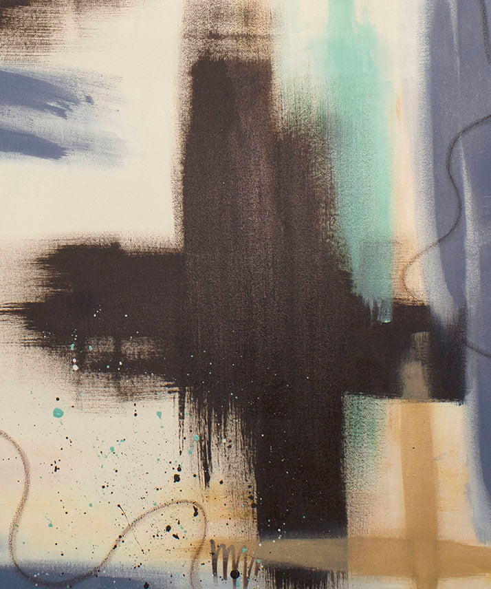 Artistic macro shot of "Between the Layers" by Abby May, showcasing the interplay between heavy paint blocks, delicate splatters, and transparent teal washes.