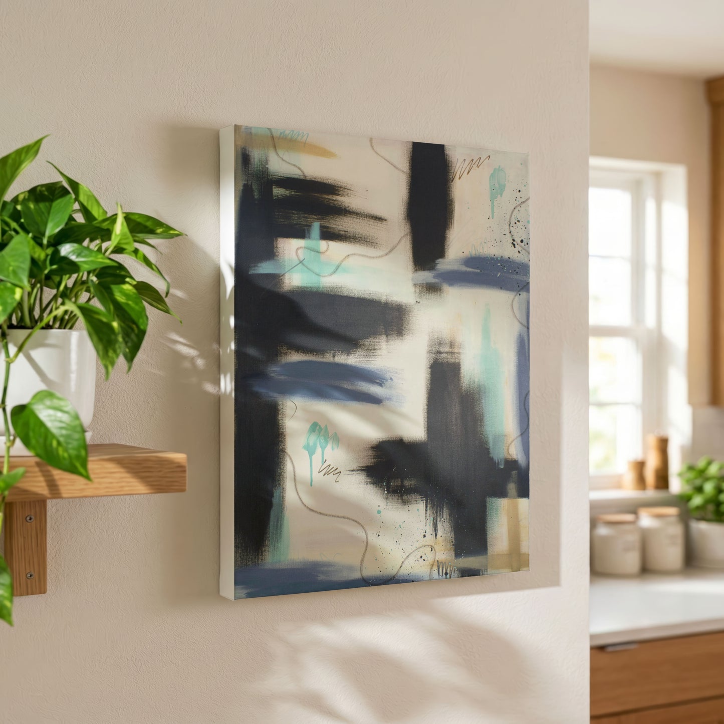 A canvas print of the painting hanging near a styled kitchen, against a white wall. On the left is a potted house plant on a wooden shelf, and on the right is the kitchen with plants, and jars.