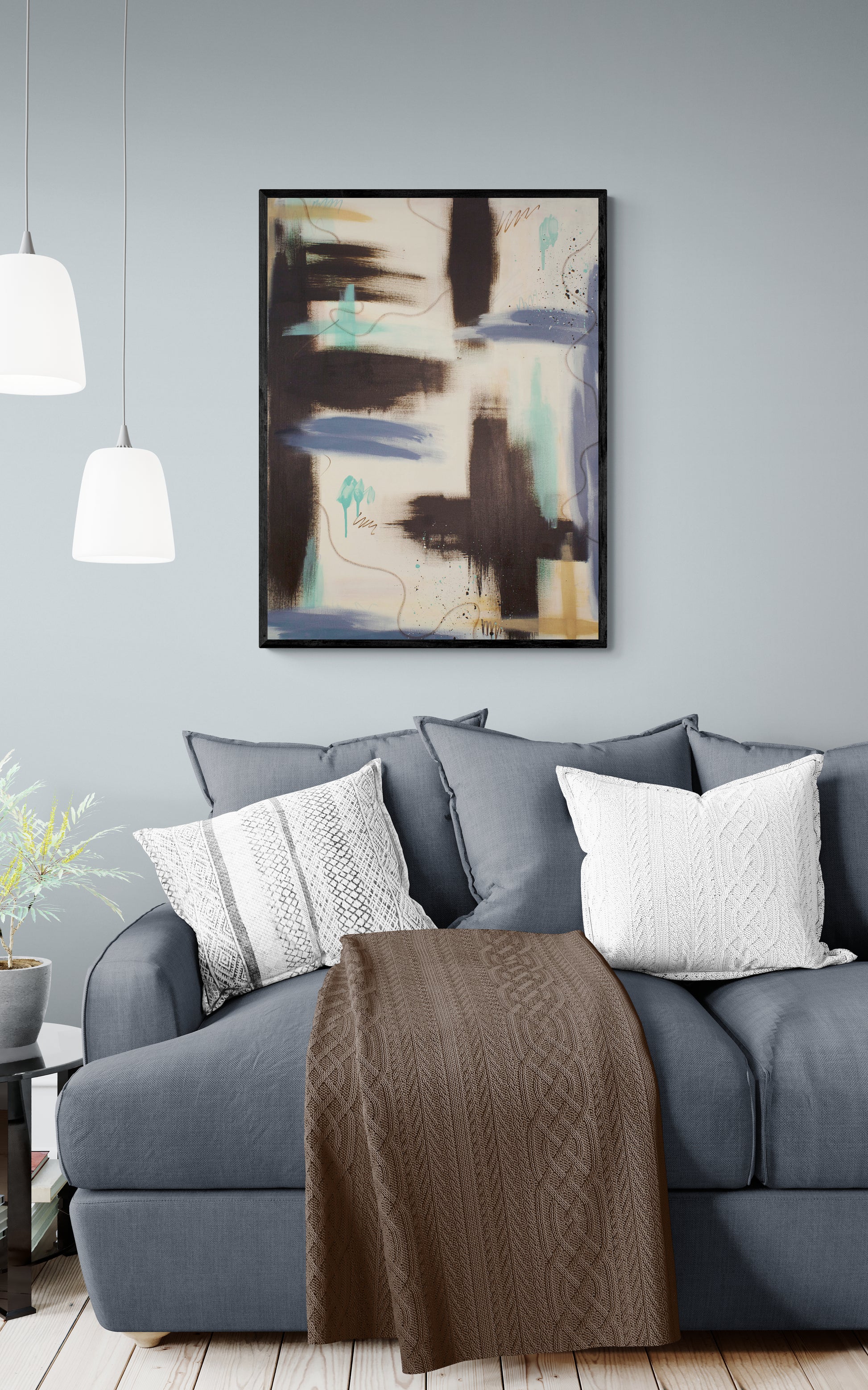 Large-scale abstract art "Between the Layers" by Abby May hanging in a modern living room, showing how the sophisticated teal and raw umber palette creates a serene focal point.