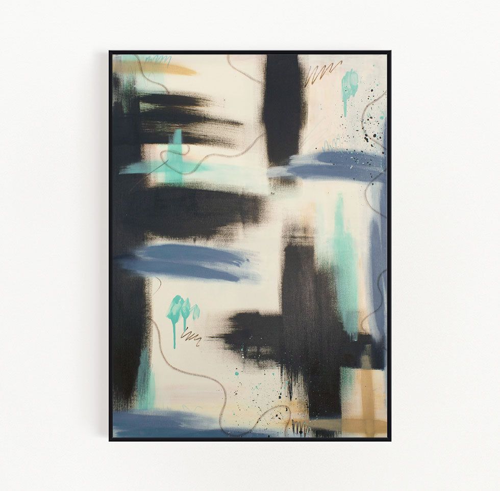 Interior design inspiration featuring "Between the Layers" by Abby May Art, a one-of-a-kind abstract painting that offers a sense of creative mystery and structural balance.