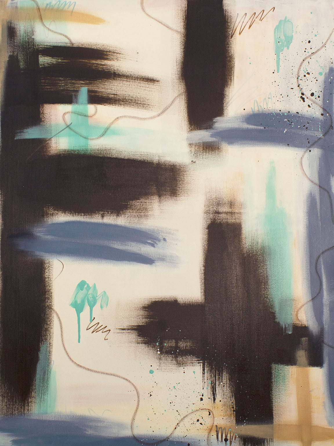"Between the Layers" original abstract painting by Abby May. A balanced composition featuring bold raw umber vertical blocks, airy teal washes, and sweeping oil pastel lines.