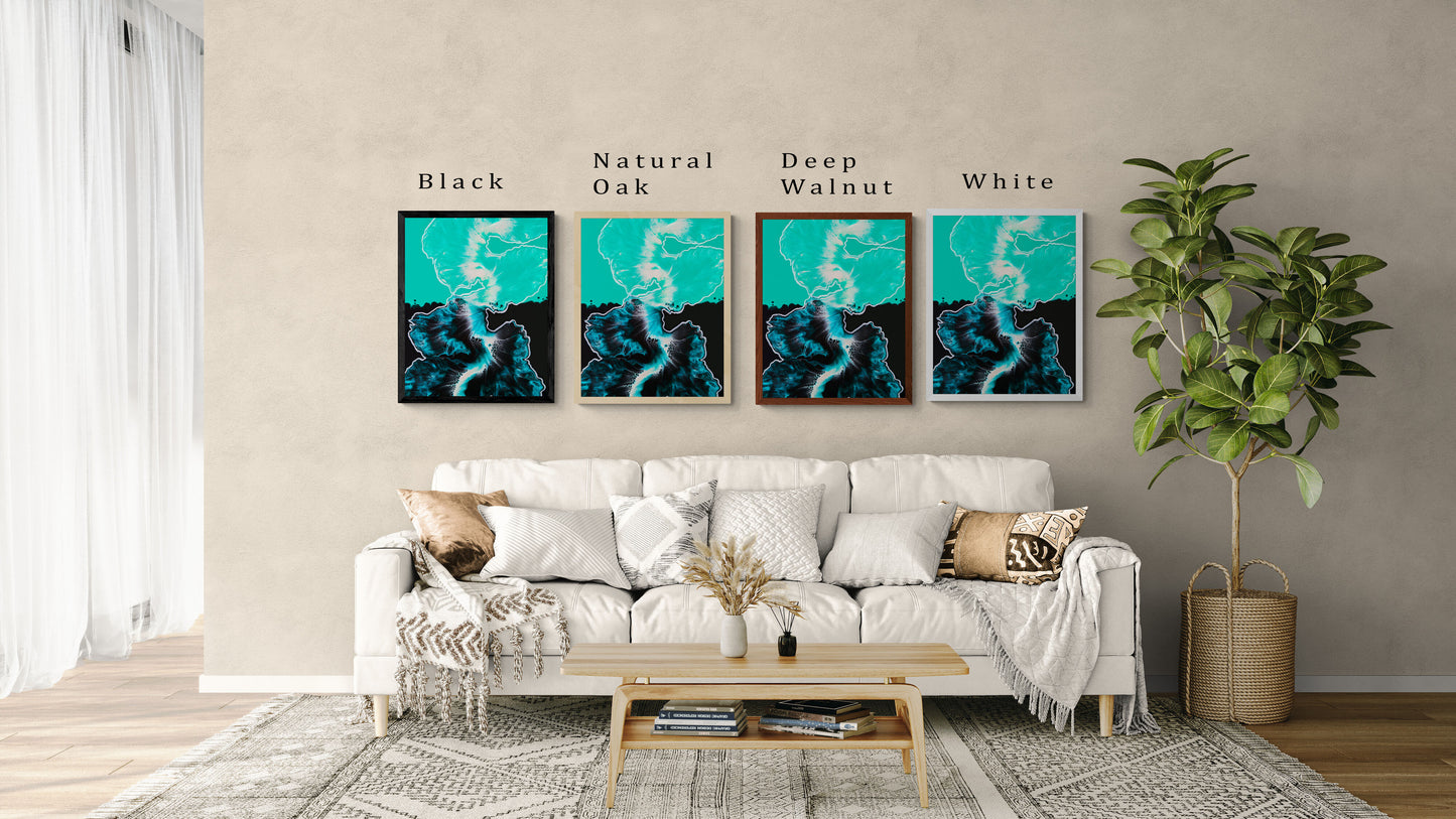 A cozy neutral living room features four framed versions of an abstract teal and black fluid art painting above a cream sofa. The artwork has bright turquoise flowing into deep black with soft marbled textures and fine vein-like lines. Each version is shown in a different frame—Black, Natural Oak, Deep Walnut, and White—to compare how the frame color complements the painting.