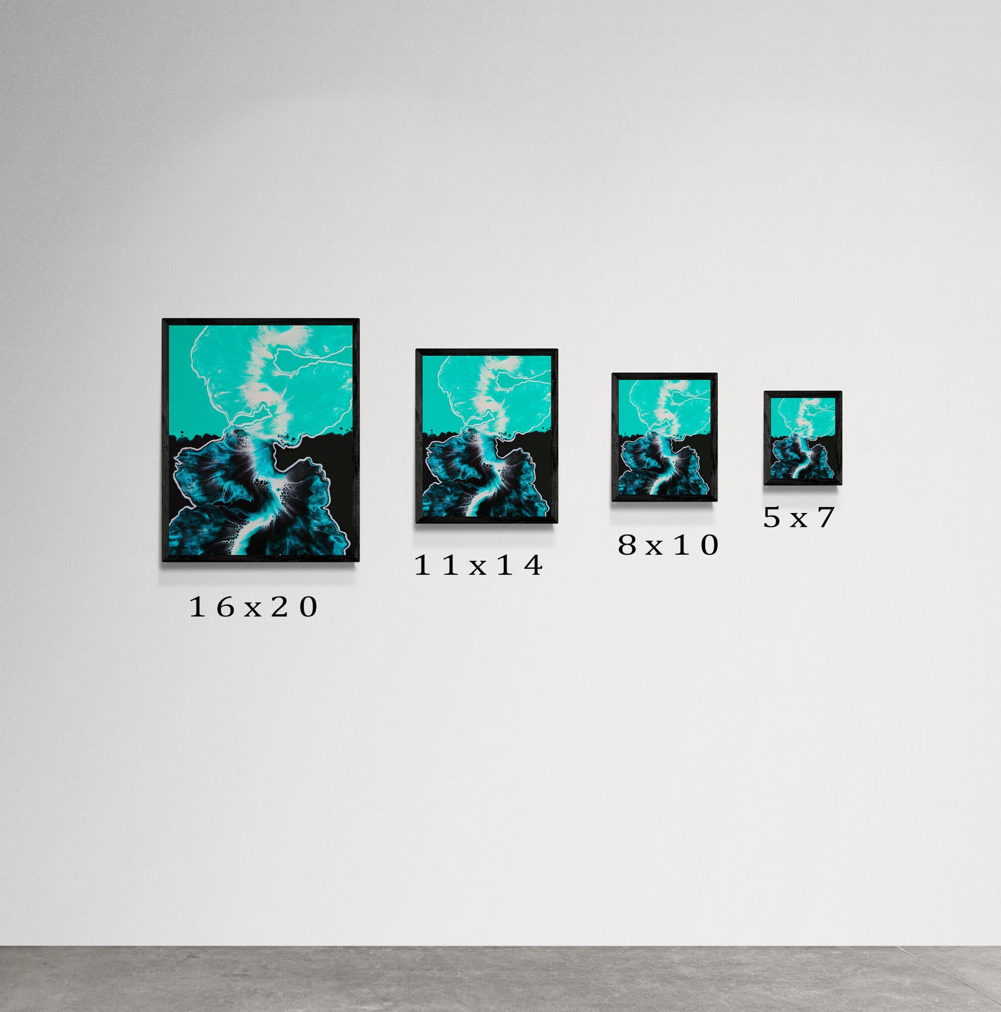 A minimalist gallery wall displays the Between the Lines artwork in four sizes: 16x20, 11x14, 8x10, and 5x7. Each print is framed in black and shows the same teal and black abstract fluid design, arranged from largest to smallest with size labels underneath.