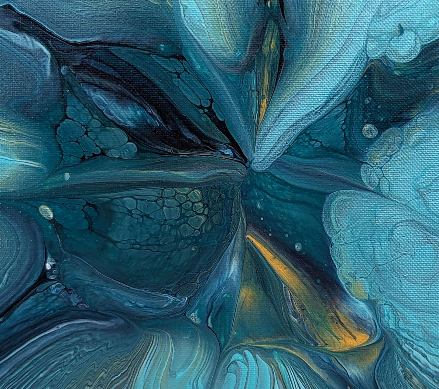 Close-up of Abby May’s Blue Gem, showing layered shades of teal, navy, and hints of gold forming a glowing, gem-like pattern in rich texture.
