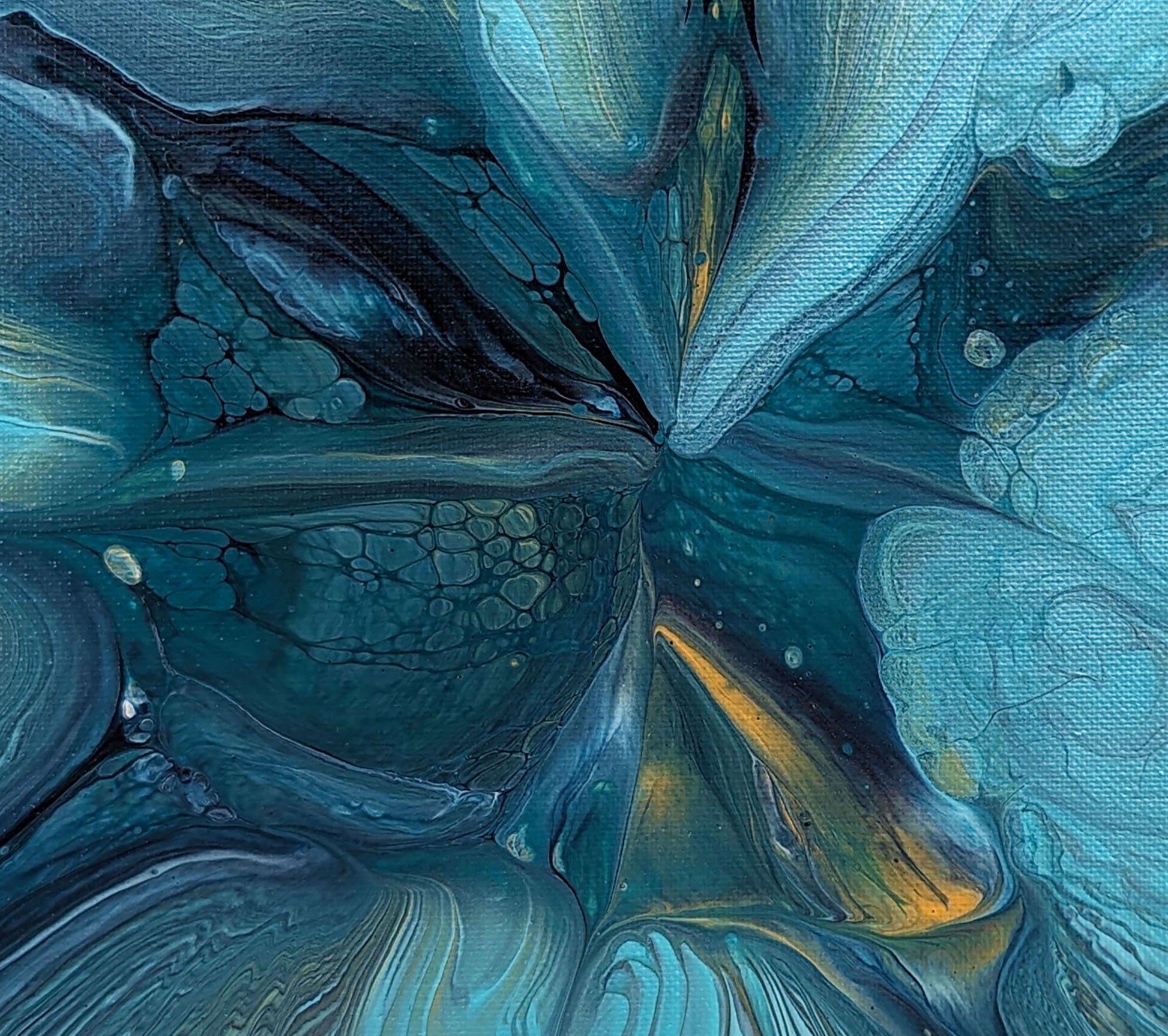 Close-up of Abby May’s Blue Gem, showing layered shades of teal, navy, and hints of gold forming a glowing, gem-like pattern in rich texture.