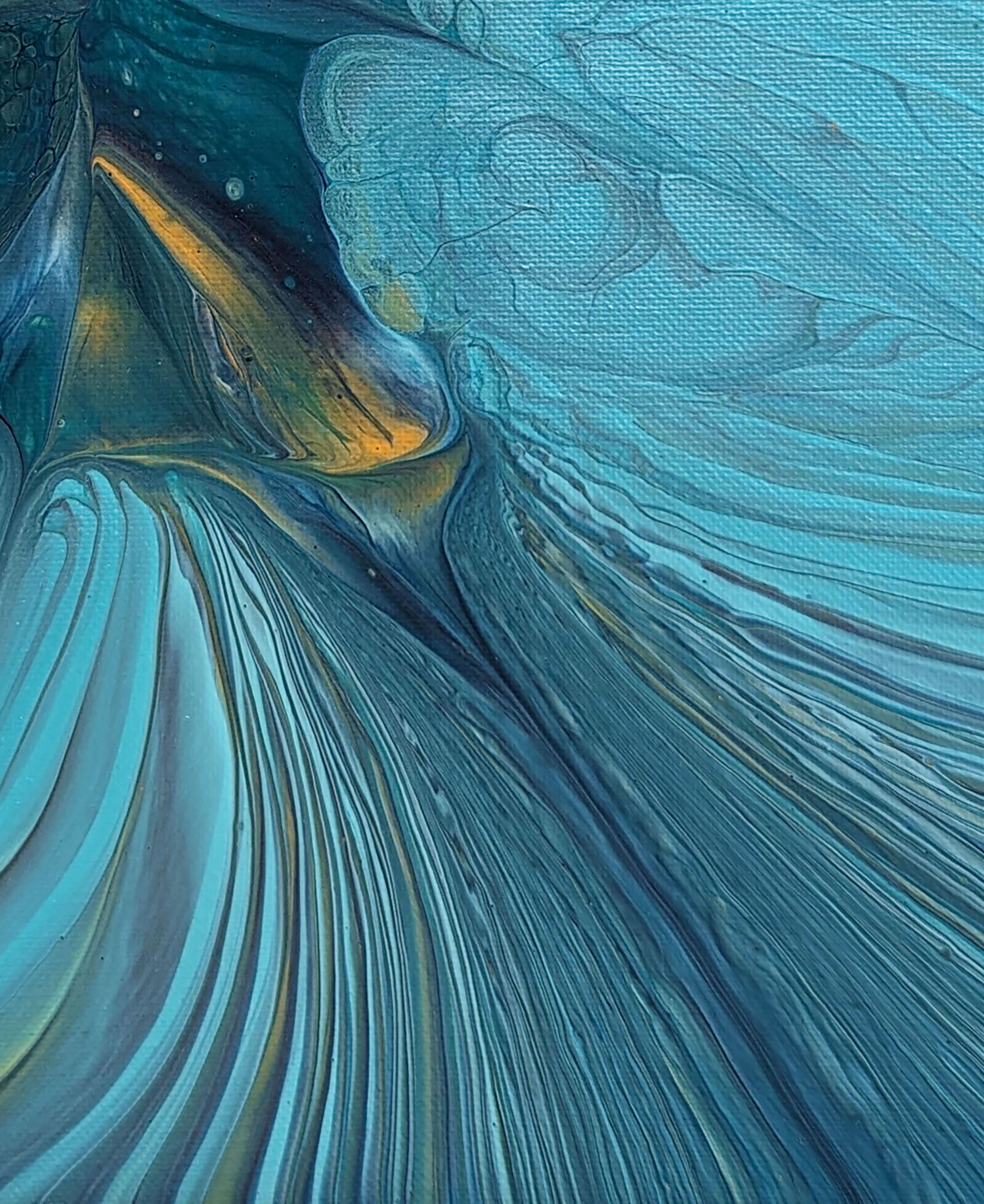 Abstract close-up of Blue Gem featuring fluid waves of aqua, sapphire, and gold that create a dynamic sense of movement and depth.