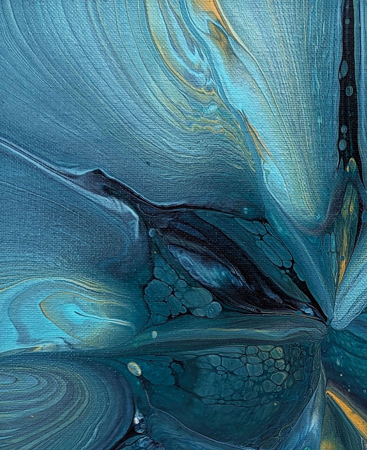 Detail view of Abby May’s Blue Gem, where soft blues and metallic gold merge in intricate, flowing lines reminiscent of polished stone