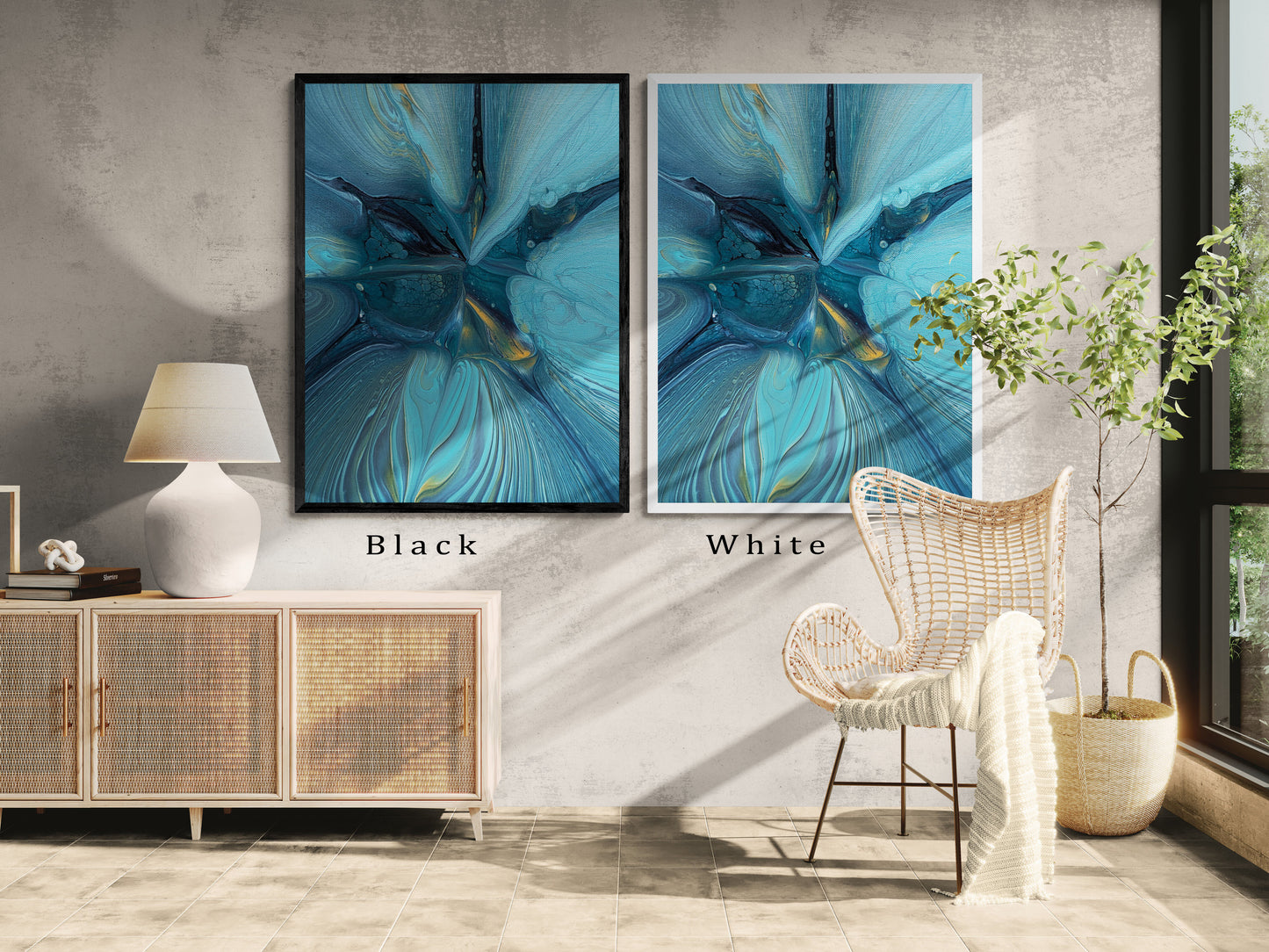Side-by-side Blue Gem prints by Abby May in black and white frames. The artwork’s teal and gold tones glow warmly in a modern, sunlit interior