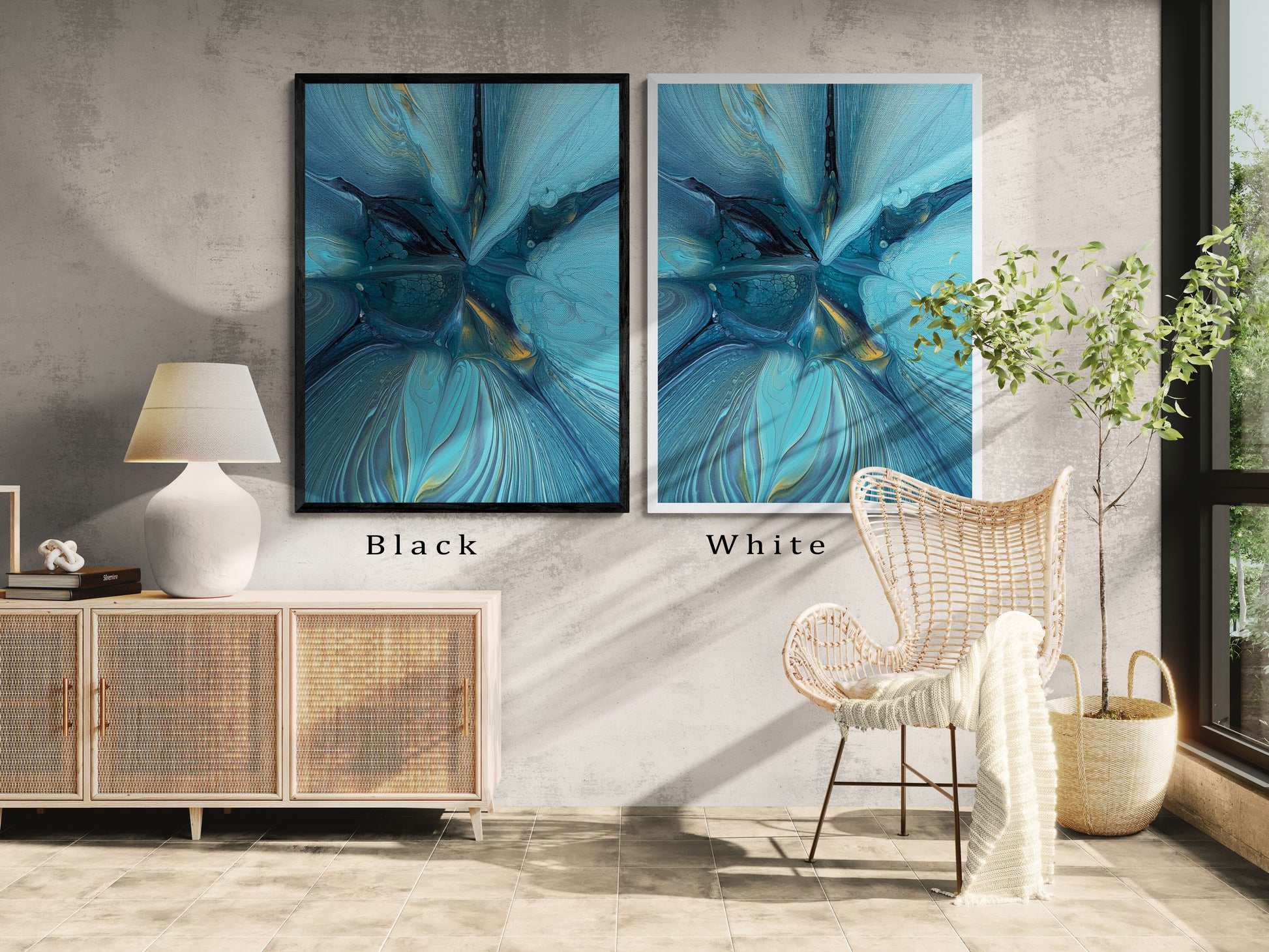 Side-by-side Blue Gem prints by Abby May in black and white frames. The artwork’s teal and gold tones glow warmly in a modern, sunlit interior