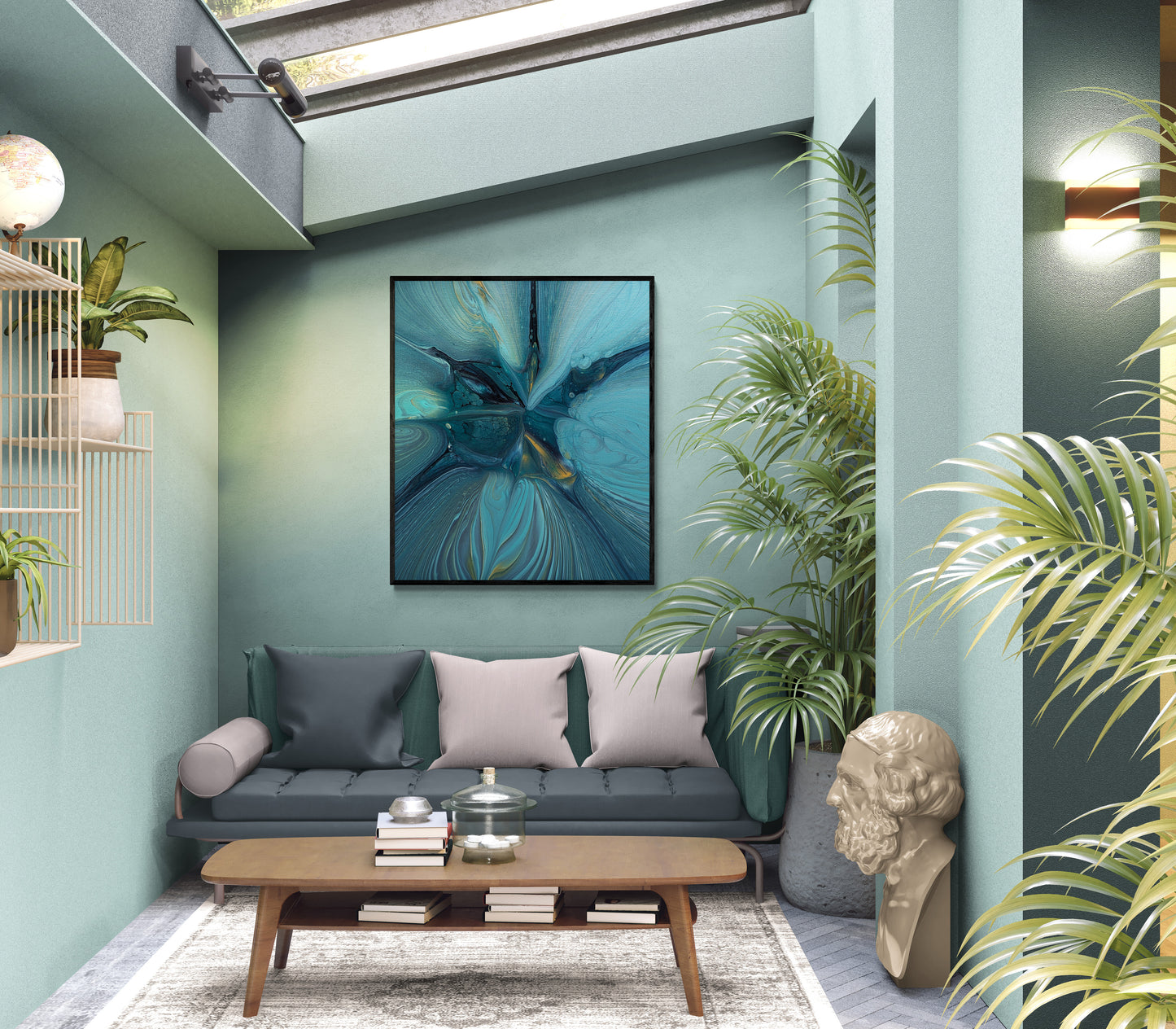Blue Gem by Abby May framed in black, hanging in a serene aqua-toned room filled with plants. The fluid blue and gold patterns radiate tranquility