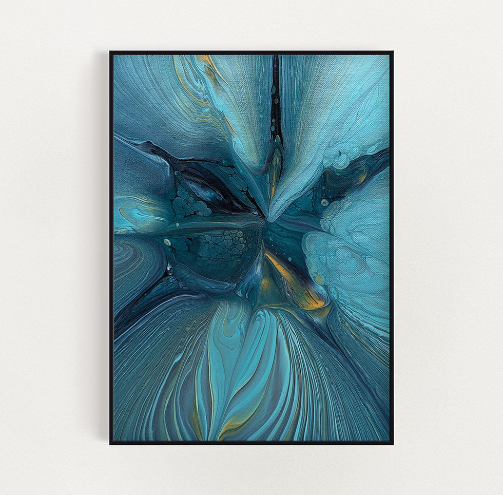 Full framed view of Blue Gem — an abstract fluid art piece by Abby May in deep teal, blue, and gold tones that shimmer like a precious stone