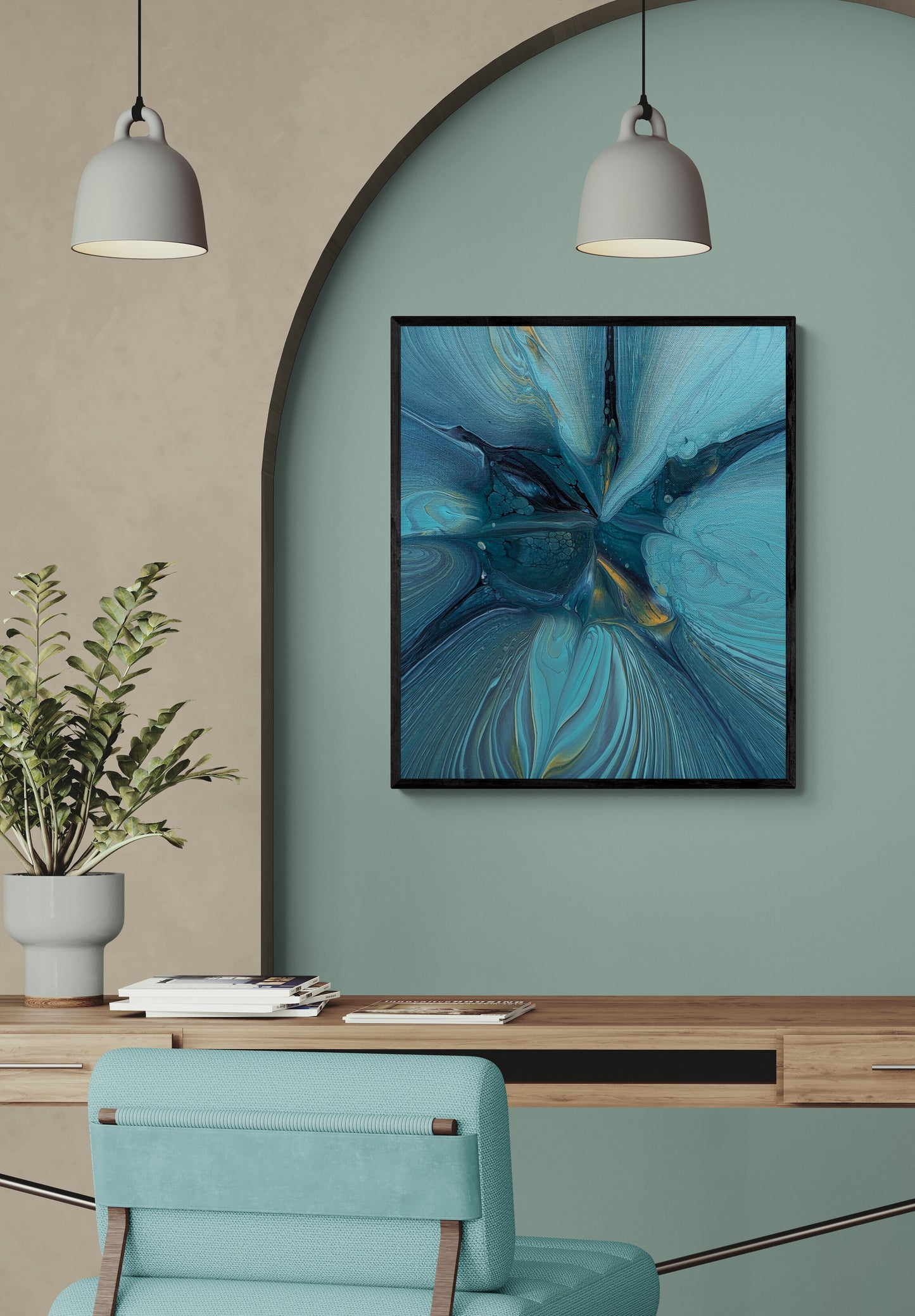 Blue Gem by Abby May displayed above a wooden desk with modern lighting and soft teal walls. The blue and gold tones bring focus and calm.