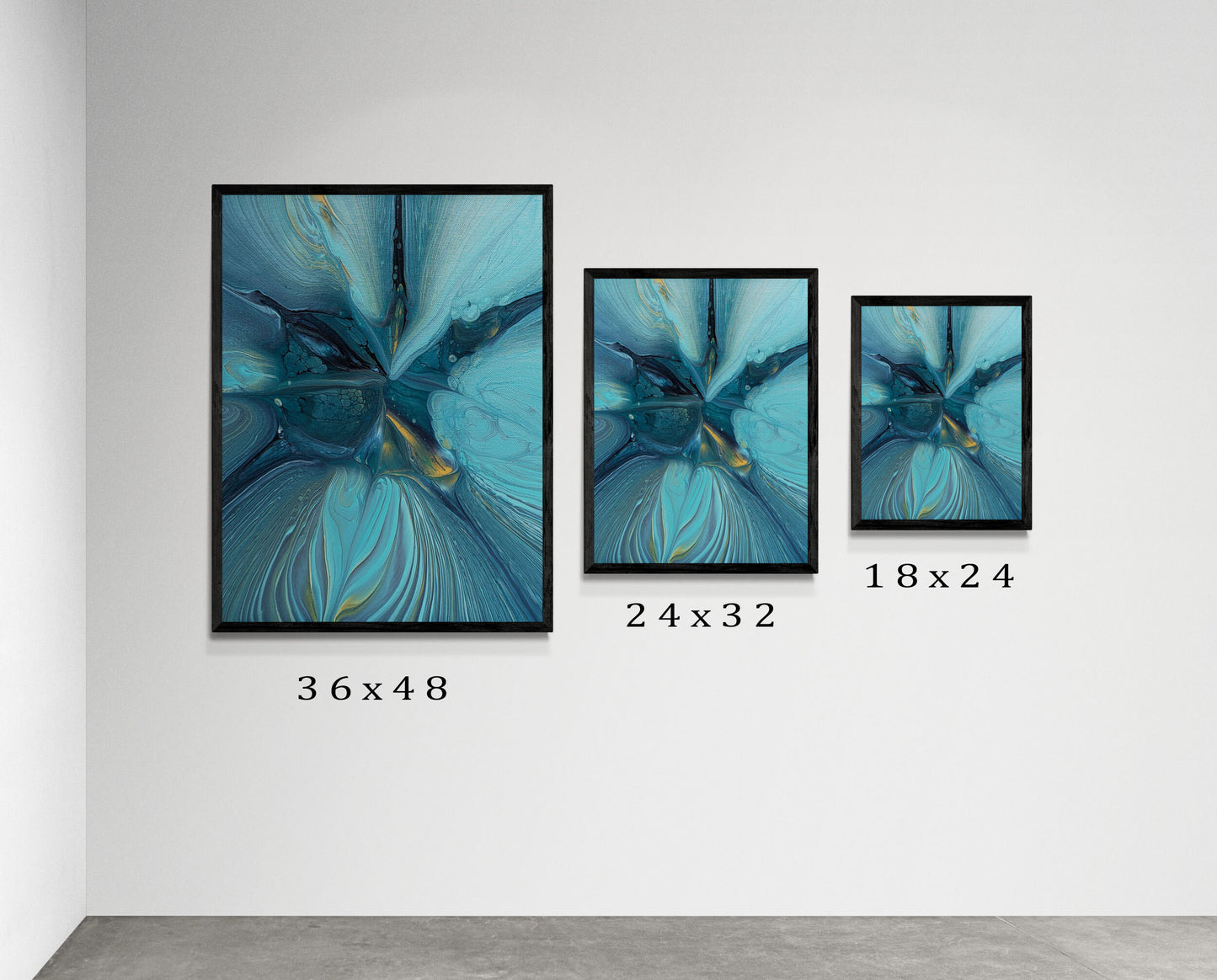 Three framed Blue Gem prints by Abby May in gallery display, shown in sizes 36x48, 24x32, and 18x24. The artwork’s teal and gold hues evoke serenity.