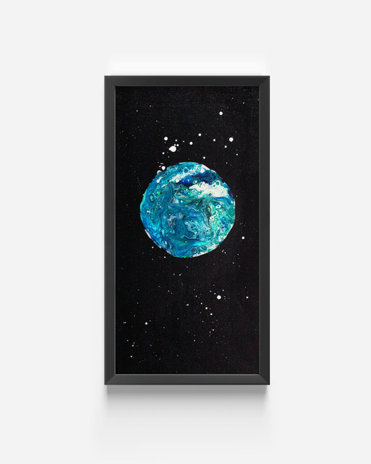 Close-up of the framed Blue Moon fluid acrylic painting with a black background and swirling turquoise textures, shown on a plain white wall.