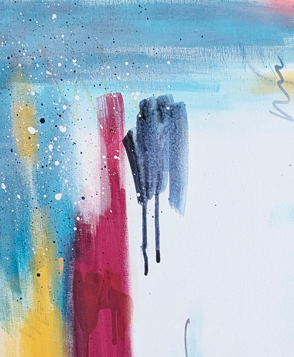 Close-up detail of Bright Horizons abstract painting by Abby May showing layered blue and pink marks, paint drips, and white splatter