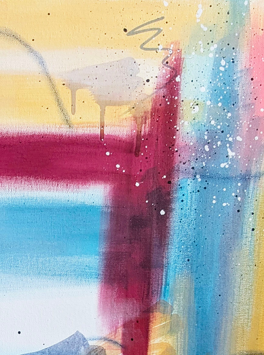 Detail view of Bright Horizons by Abby May featuring expressive magenta and teal brushstrokes, subtle drips, and layered texture