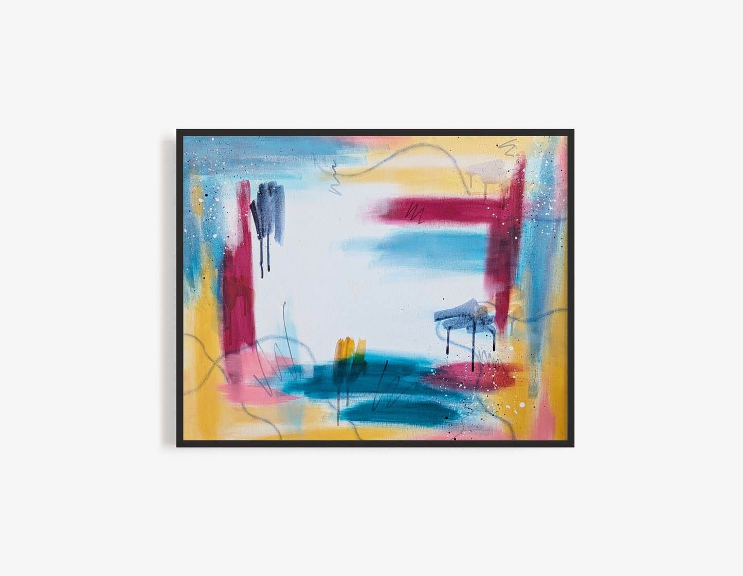 Bright Horizons by Abby May, framed original abstract acrylic painting with soft blue, pink, yellow, and white tones